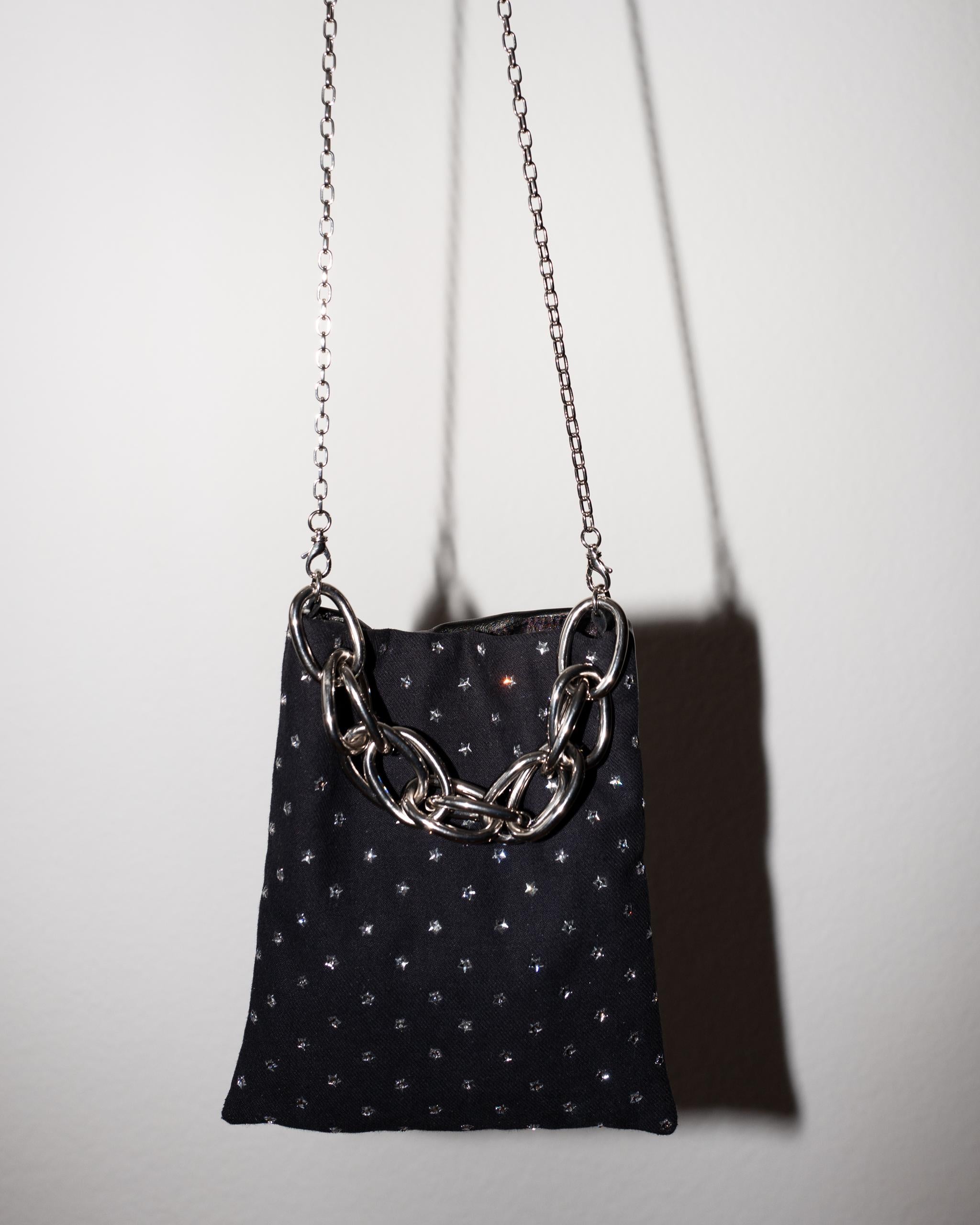One of a kind Evening Shoulder Bag, Swarovski Silver Star Crystal Embellished  French Black Vintage Work Wear dyed Black on one side and on the other side Italian Black Napa Leather, Italian Palladium Plated Brass Shoulder Chain, Detachable  and