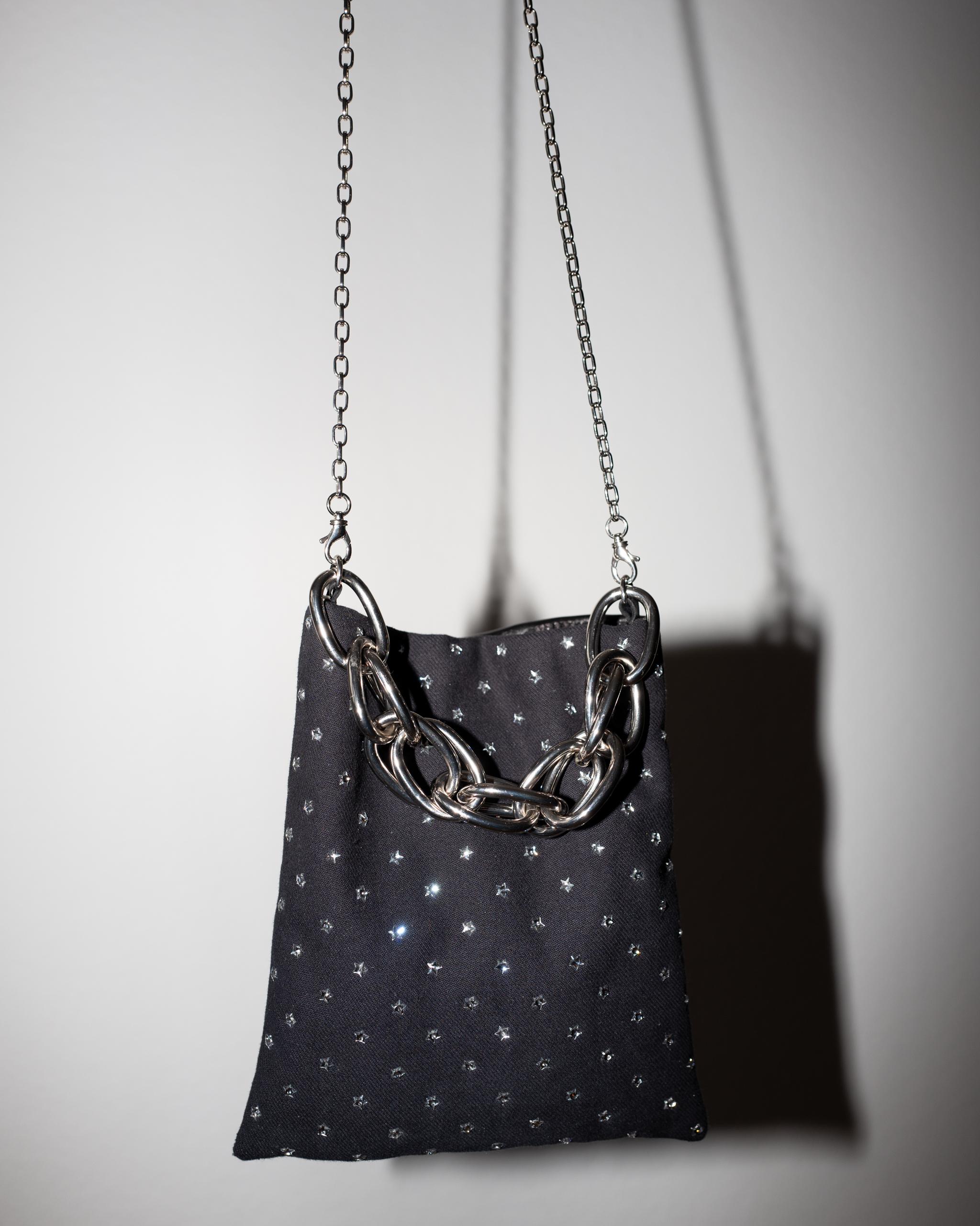 Crystal Star Embellished Black Evening Shoulder Bag Black Leather Chunky Chain In New Condition In Los Angeles, CA