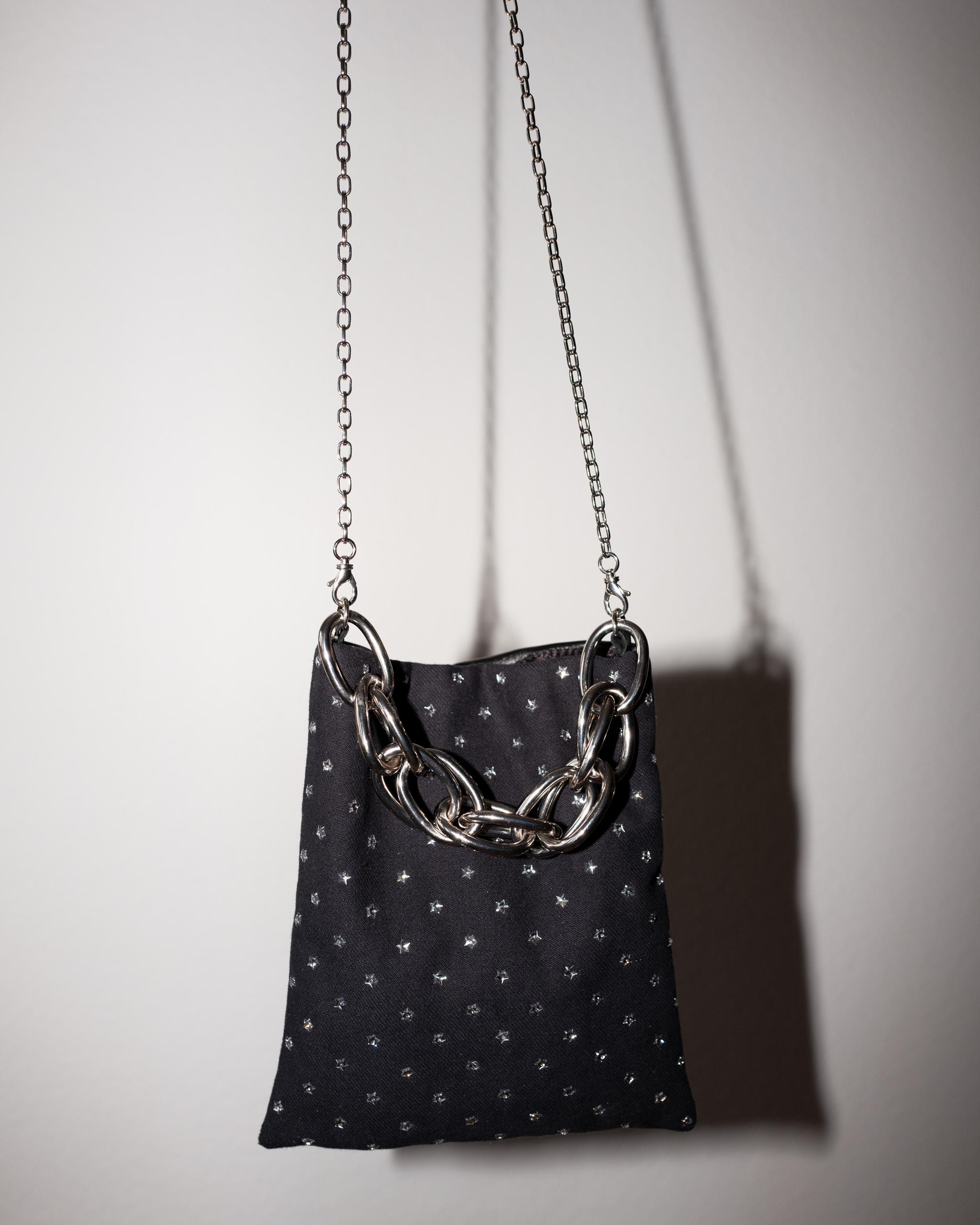 Women's Crystal Star Embellished Black Evening Shoulder Bag Black Leather Chunky Chain