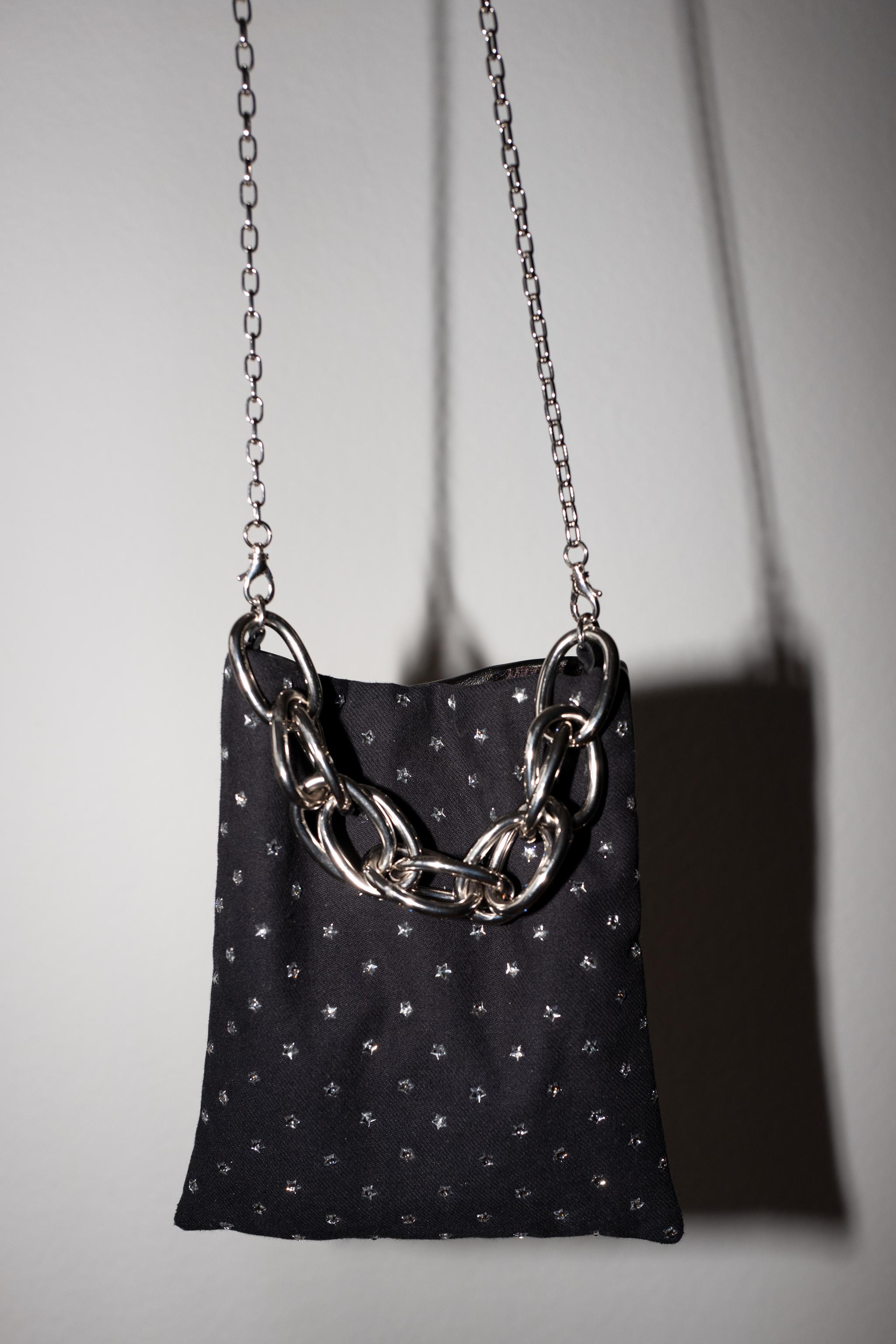 Crystal Star Embellished Black Evening Shoulder Bag Black Leather Chunky Chain 1