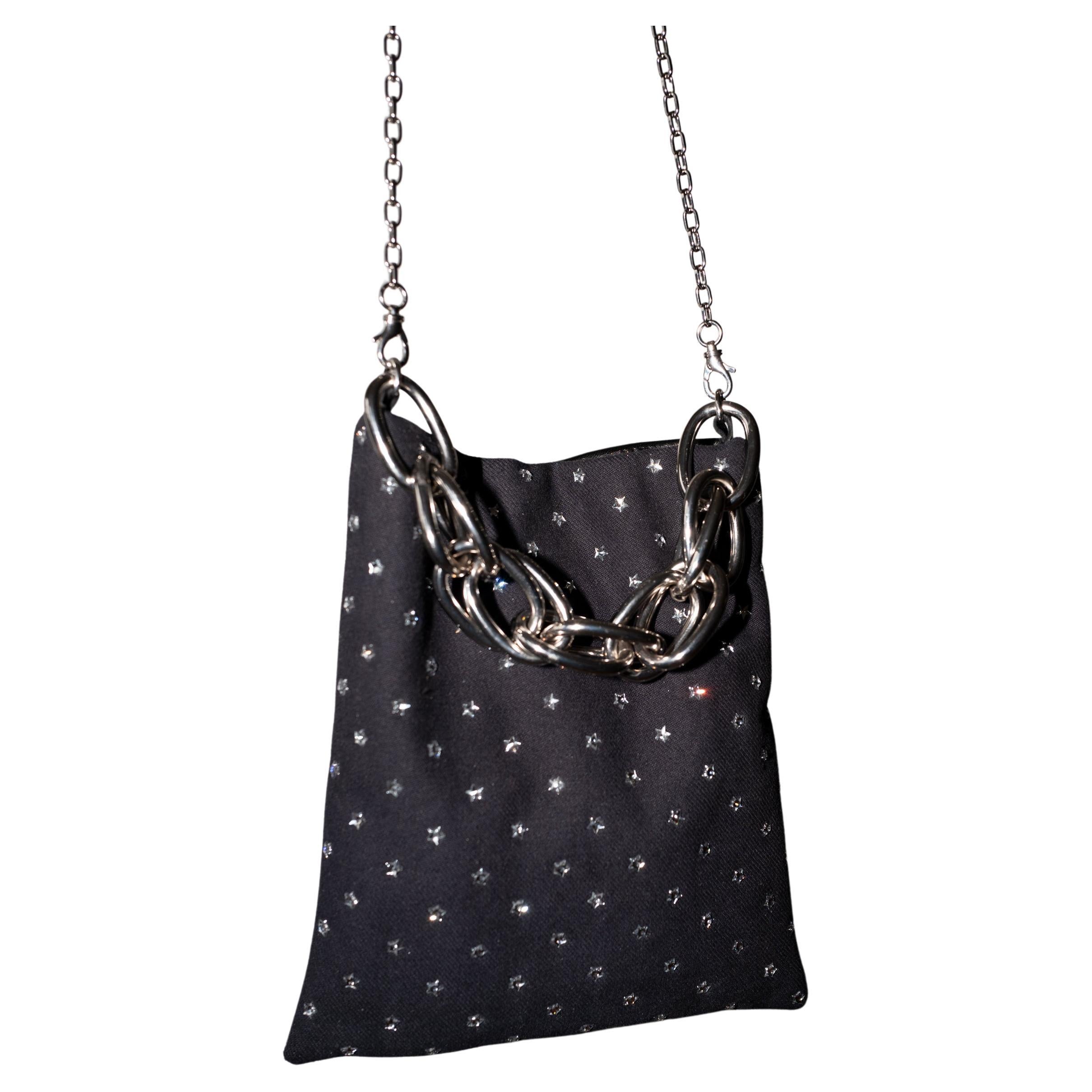 Crystal Star Embellished Black Evening Shoulder Bag Black Leather Chunky Chain