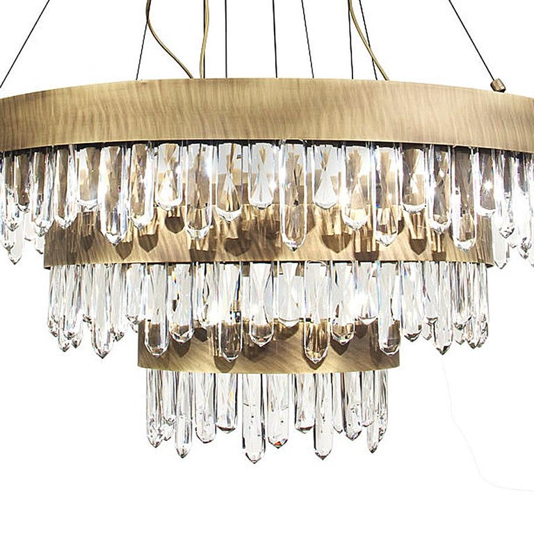 Crystal Sticks Triple Chandelier in Antique Brushed Brass For Sale at