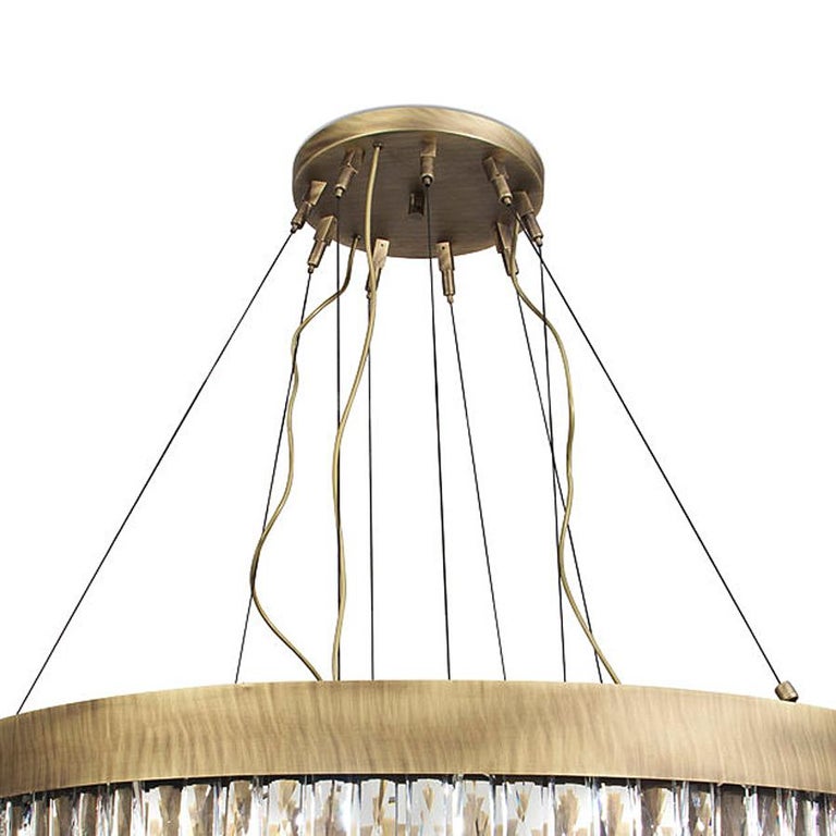 Crystal Sticks Triple Chandelier in Antique Brushed Brass For Sale at