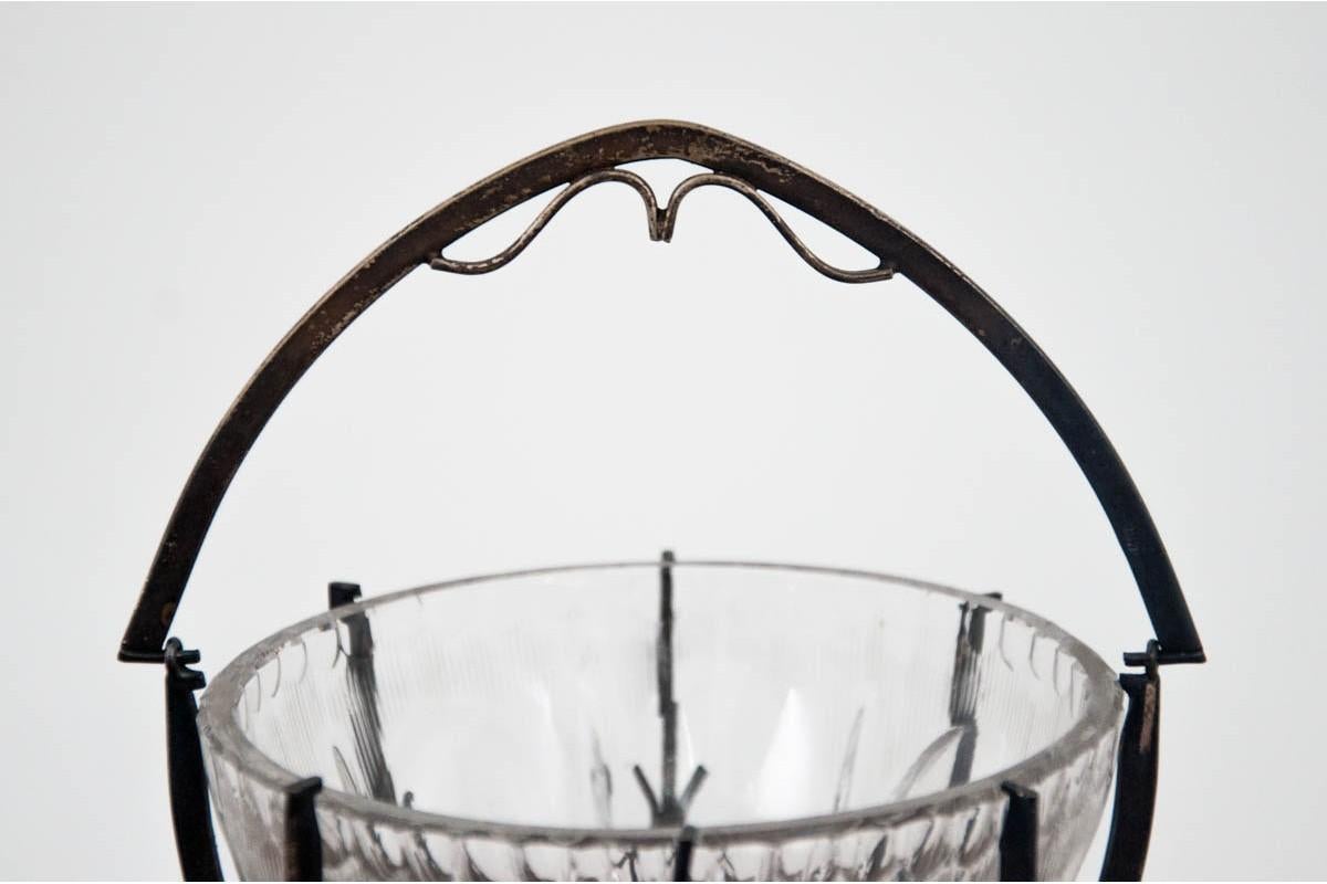 Mid-Century Modern Crystal Sugar Bowl in a Metal Basket, Poland, 1940s