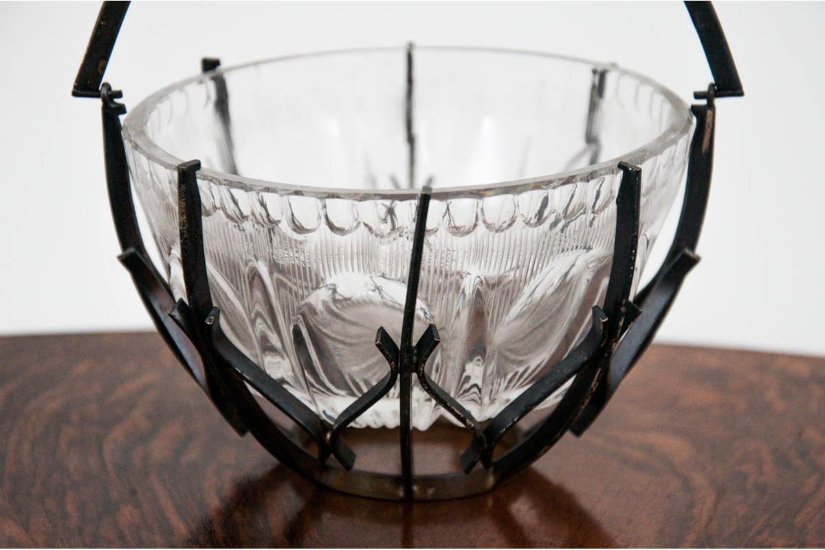 Polish Crystal Sugar Bowl in a Metal Basket, Poland, 1940s