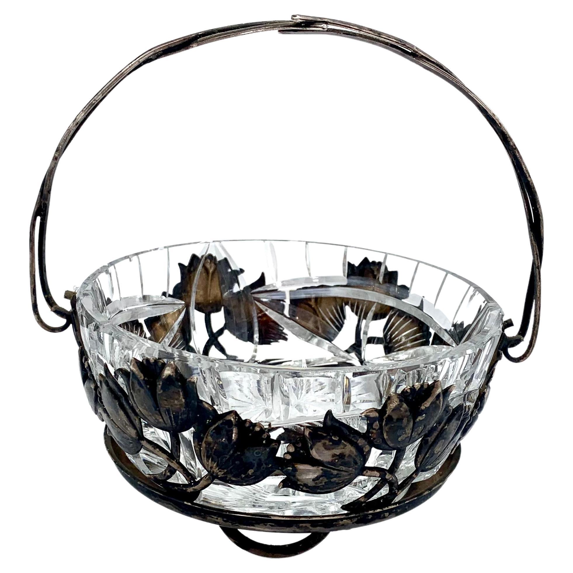 Crystal Sugar Bowl in a Metal Basket, Poland, 1940s For Sale