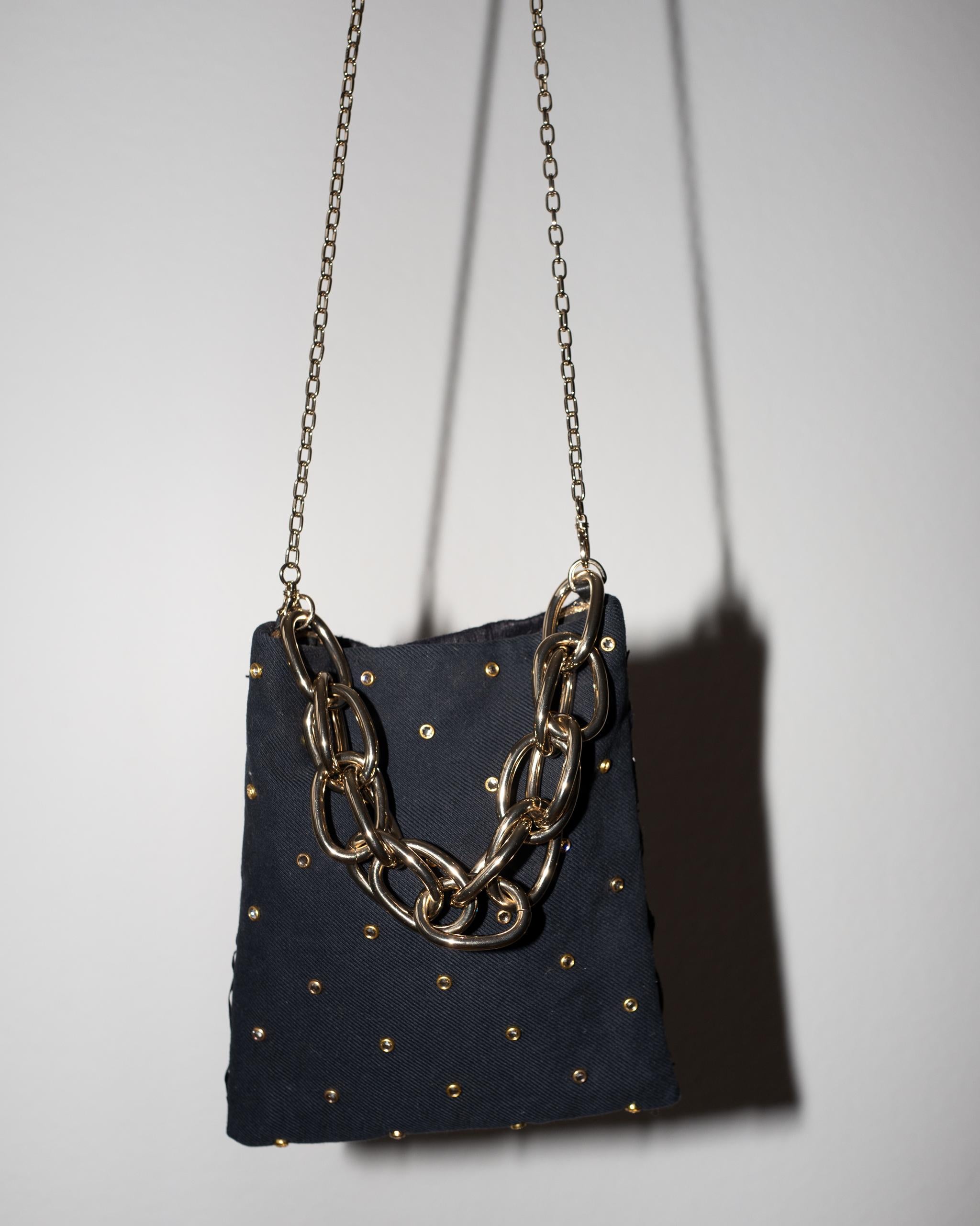 Crystal Swarovski Embellishment Black French Tweed Gold Chain Shoulder Bag In New Condition For Sale In Los Angeles, CA