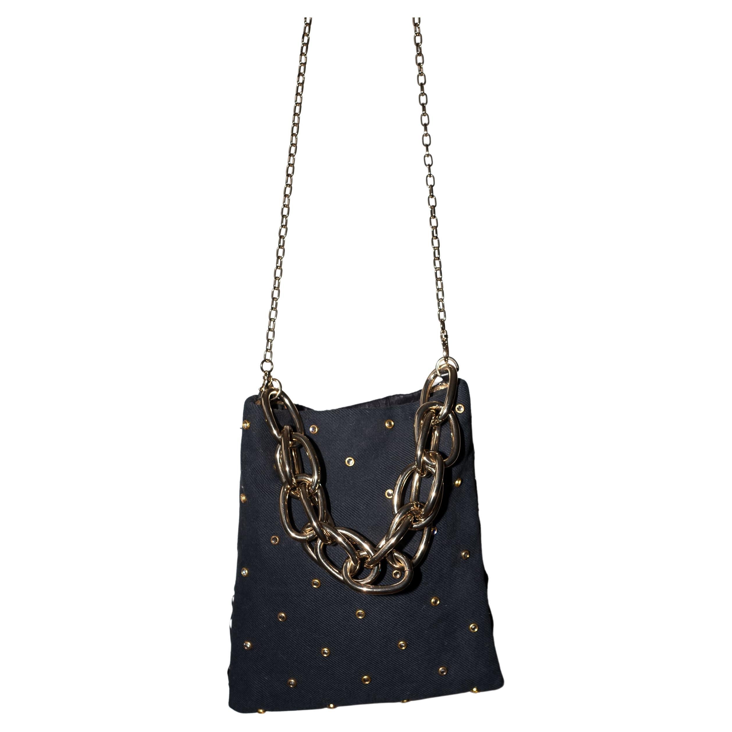 Crystal Swarovski Embellishment Black French Tweed Gold Chain Shoulder Bag For Sale
