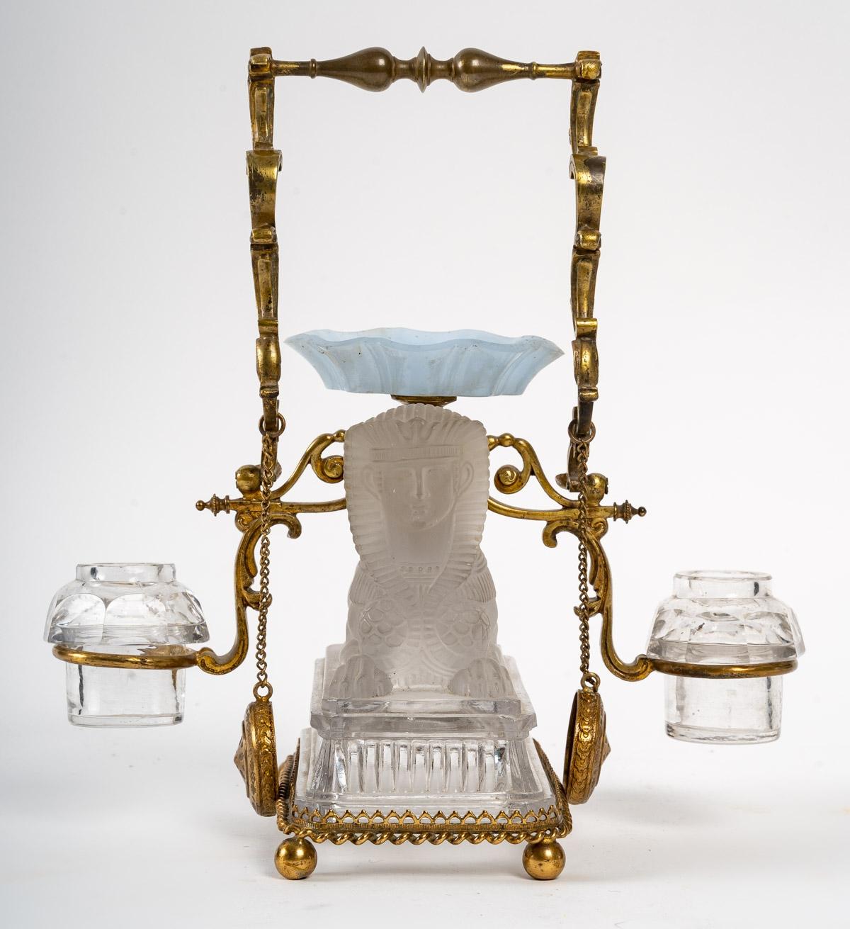 Crystal Table Top with Two Inkwells, 19th Century For Sale at 1stDibs