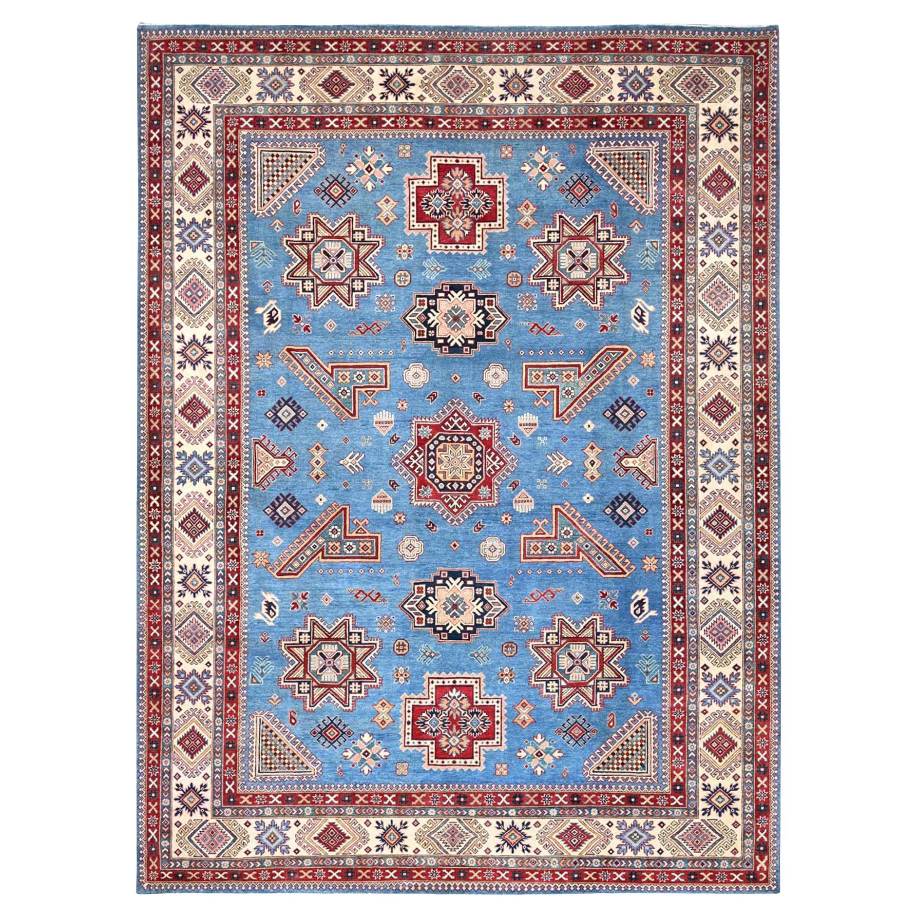 Crystal Teal Blue Special Kazak Hand Knotted Natural Wool Rug 10'0" x 13'8"