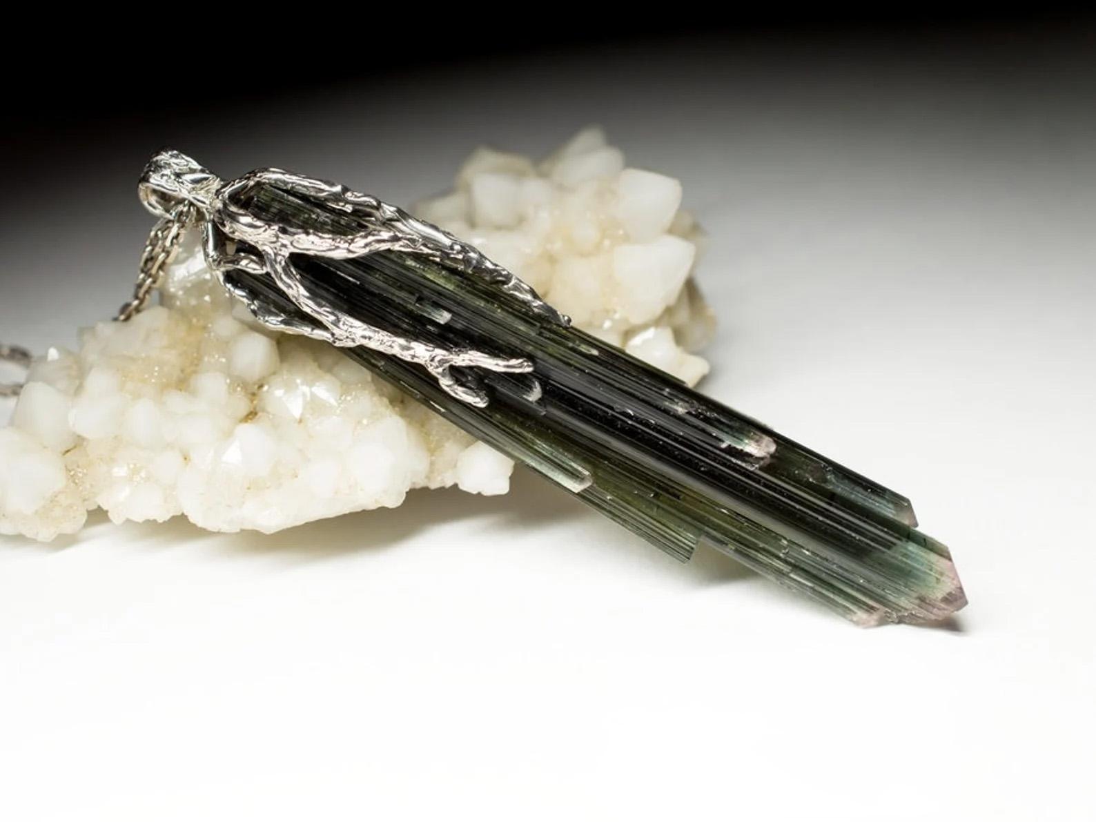 Artisan Crystal Tourmaline Silver Pendant Raw Crystal Dark Green Gemstone Vintage gift For Sale