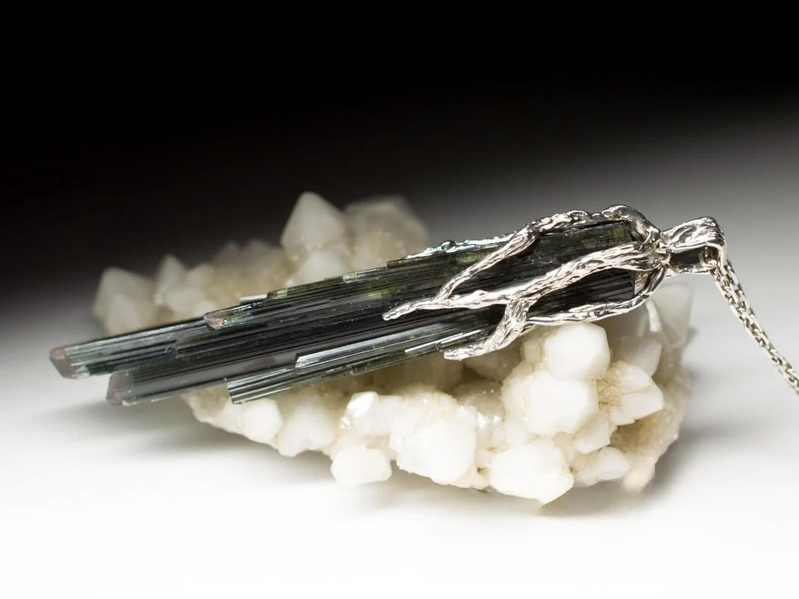 Uncut Crystal Tourmaline Silver Pendant Raw Crystal Dark Green Gemstone Vintage gift For Sale