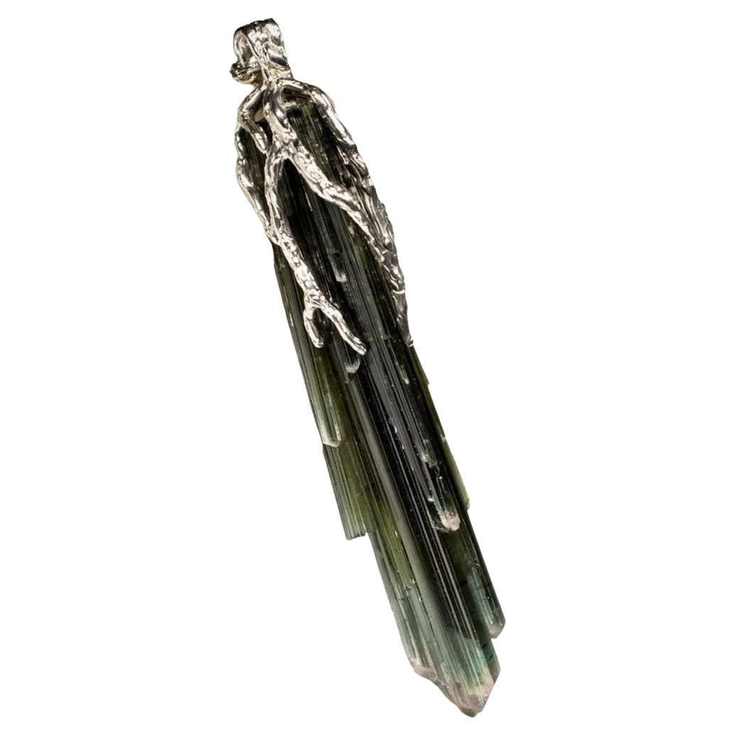 Crystal Tourmaline Silver Pendant Raw Crystal Dark Green Gemstone Vintage gift