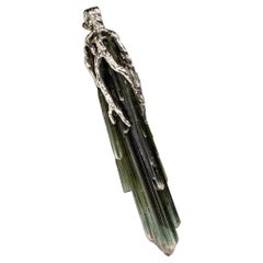 Pendentif vintage en argent, cristal, tourmaline et cristal brut, pierre précieuse vert foncé