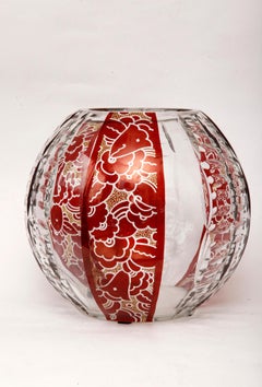 Crystal Vase by Karl Palda, Art Deco, Enameled Bohemian Glass, 1930s