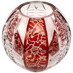 Crystal Vase by Karl Palda, Art Deco, Enameled Bohemian Glass, 1930s