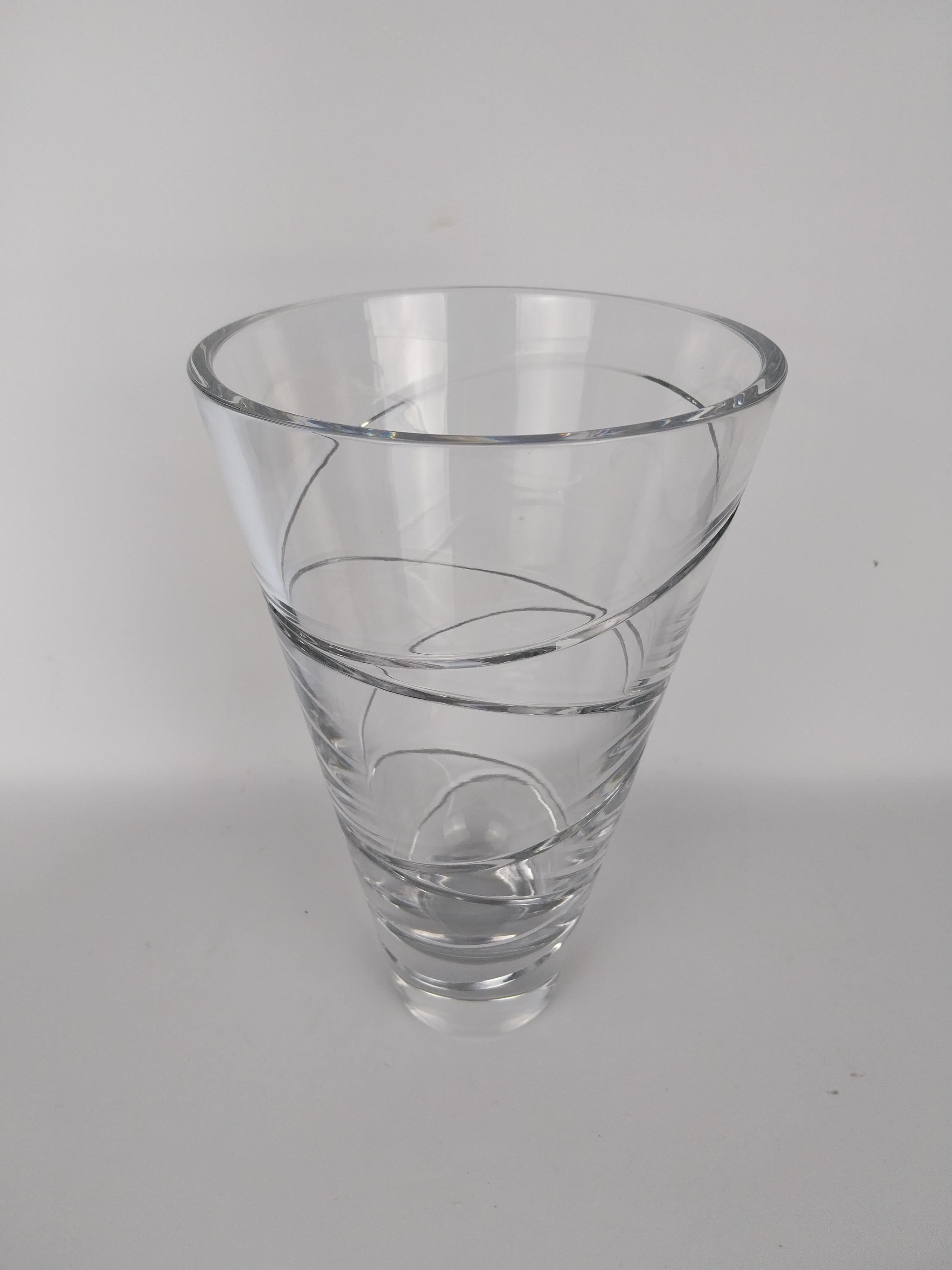 Large Crystal Vase designed by Jasper Conran for Waterford Crystal of tapering form with elegant spiral cut decoration in the Art Deco style.
28cm tall x 18cm wide 
In 1999, Jasper Conran was approached by the Waterford Wedgwood Group to design a