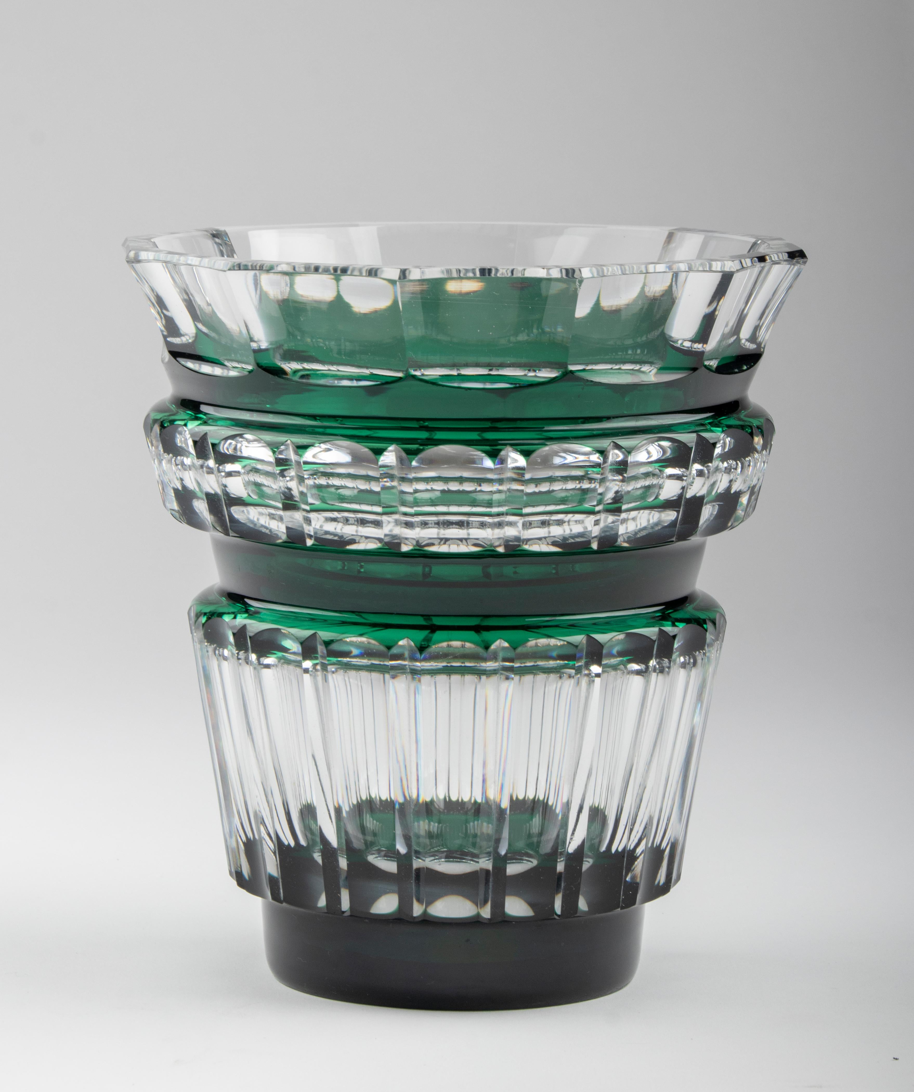 Beautiful crystal vase from the Belgian brand Val Saint Lambert. Clear crystal with deep green color. The name of this model is Bolero. Art Deco design, attributed to Charles Graffart. In very good condition.