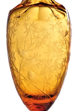 Crystal Vase Menuet Hand Engraved Chickadees -  Amber 'Topas' colour
