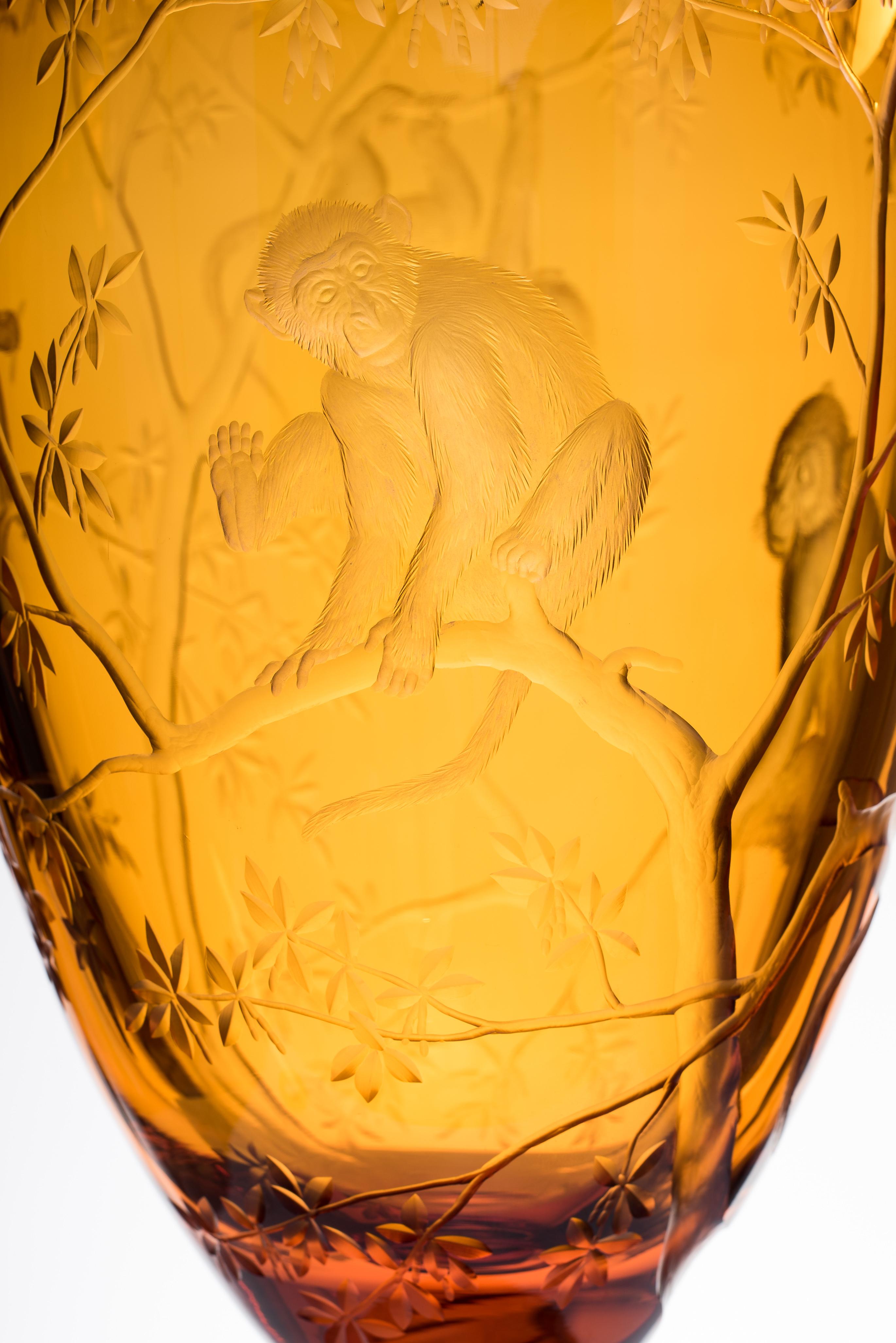 Art Nouveau Crystal Vase Menuet Hand Engraved Macaques Amber 'Topas' For Sale