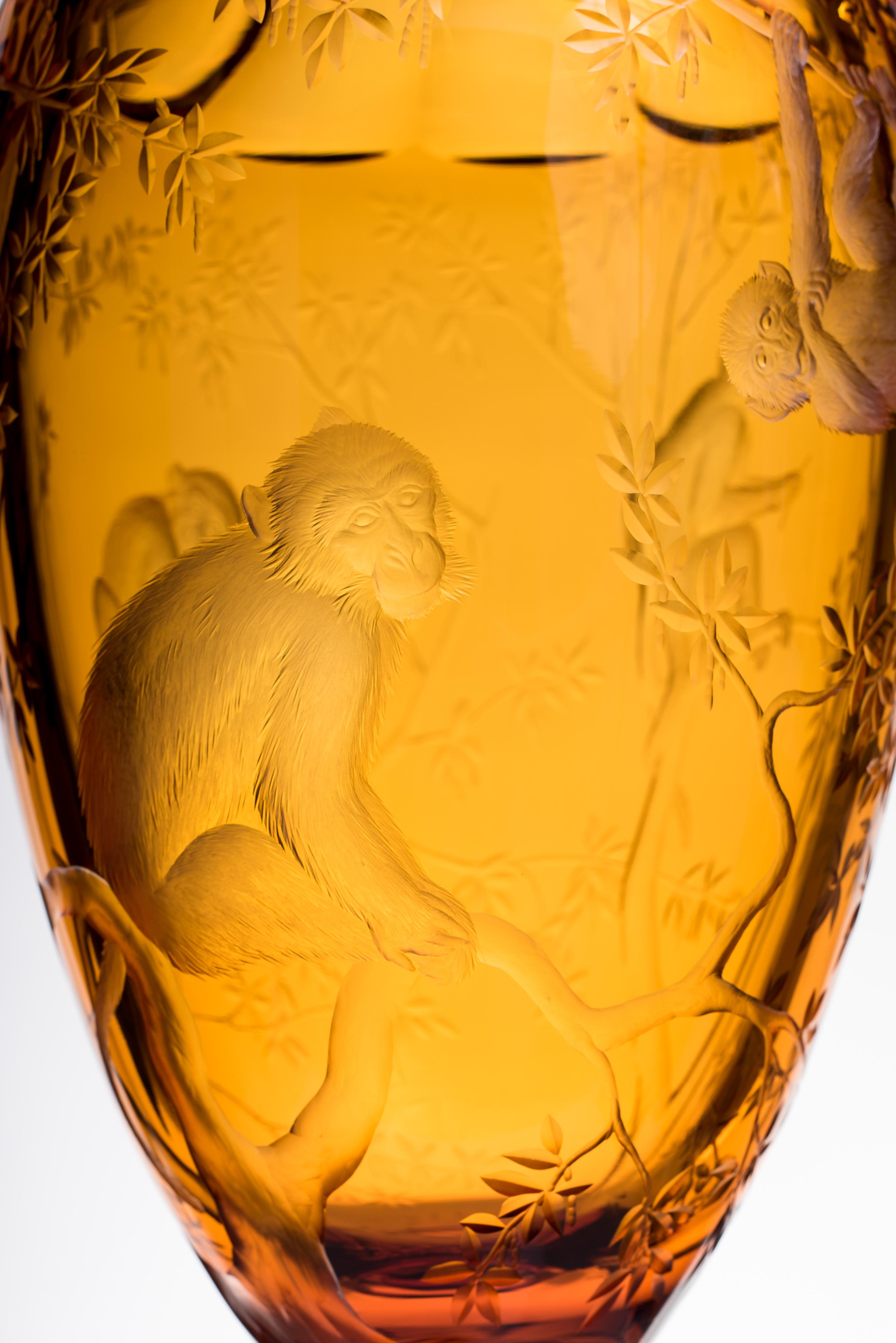Czech Crystal Vase Menuet Hand Engraved Macaques Amber 'Topas' For Sale