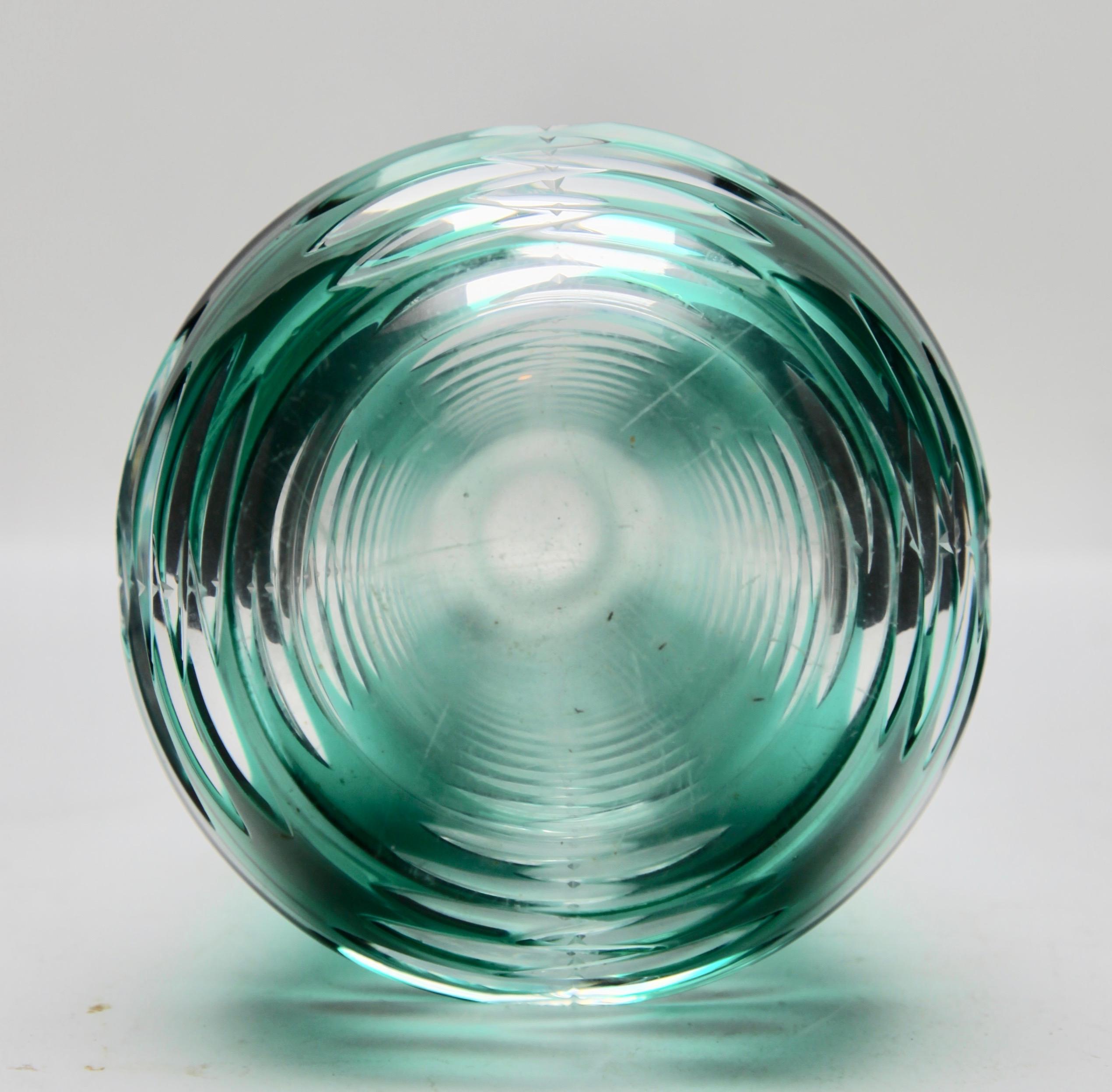 Crystal Vase with Optical Lenses, Turquoise Cut to Clear by Beyer, 'Germany' For Sale at 1stDibs