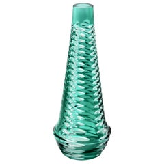 Crystal Vase with Optical Lenses, Turquoise Cut to Clear by Beyer, 'Germany'