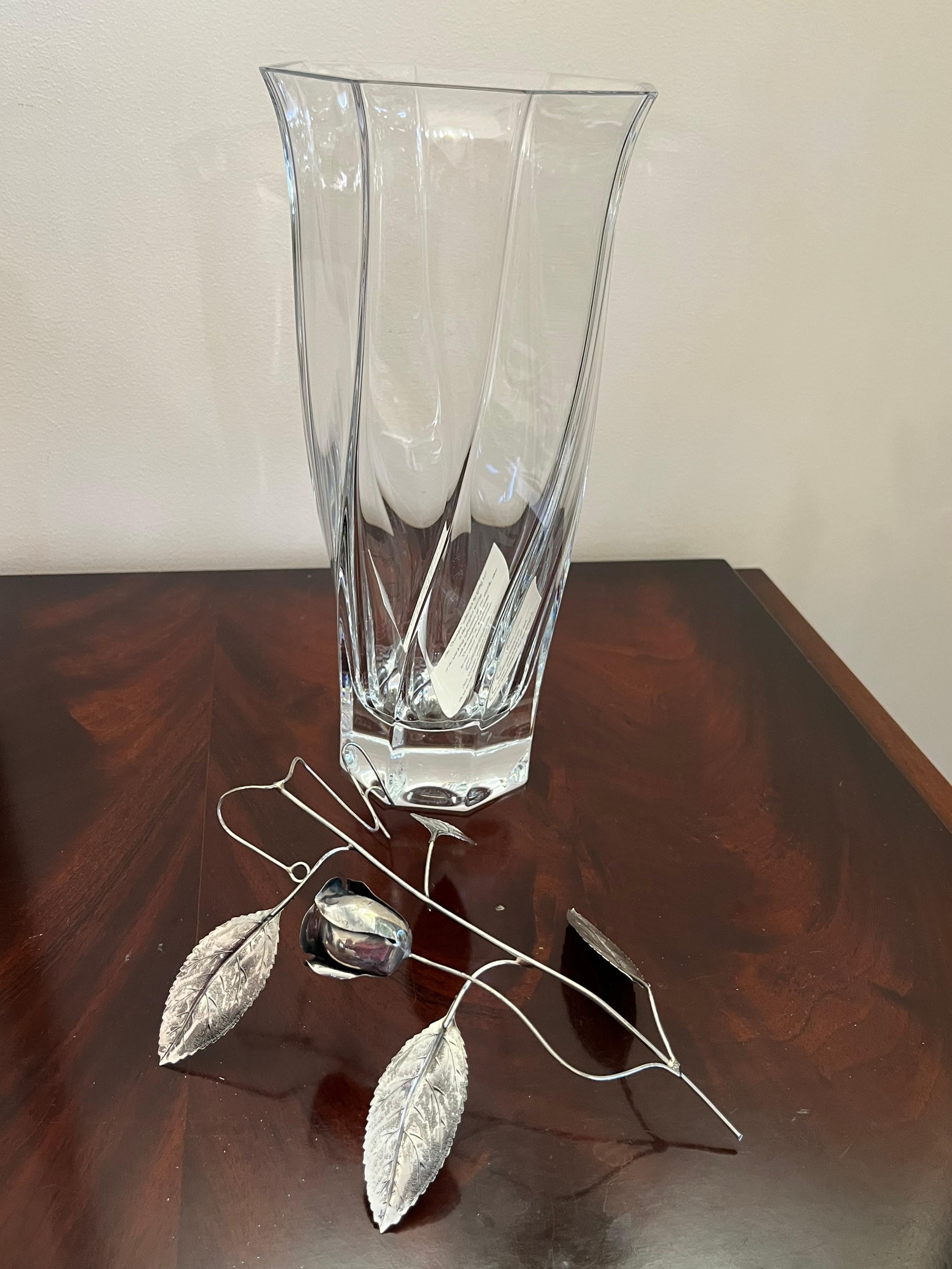 Crystal Vase with Silver Flower, made in Italy, 90s For Sale 4