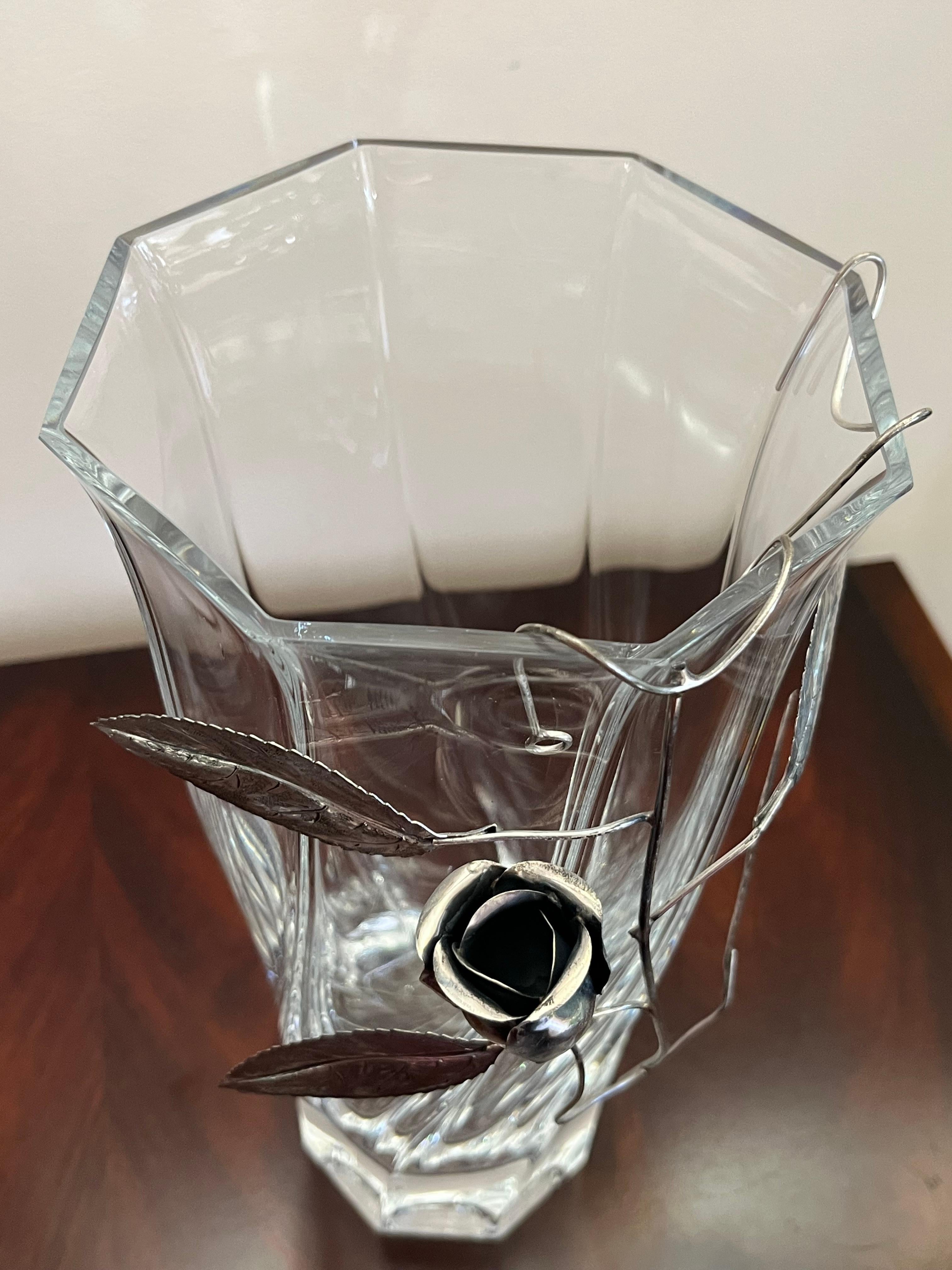 Late 20th Century Crystal Vase with Silver Flower, made in Italy, 90s For Sale