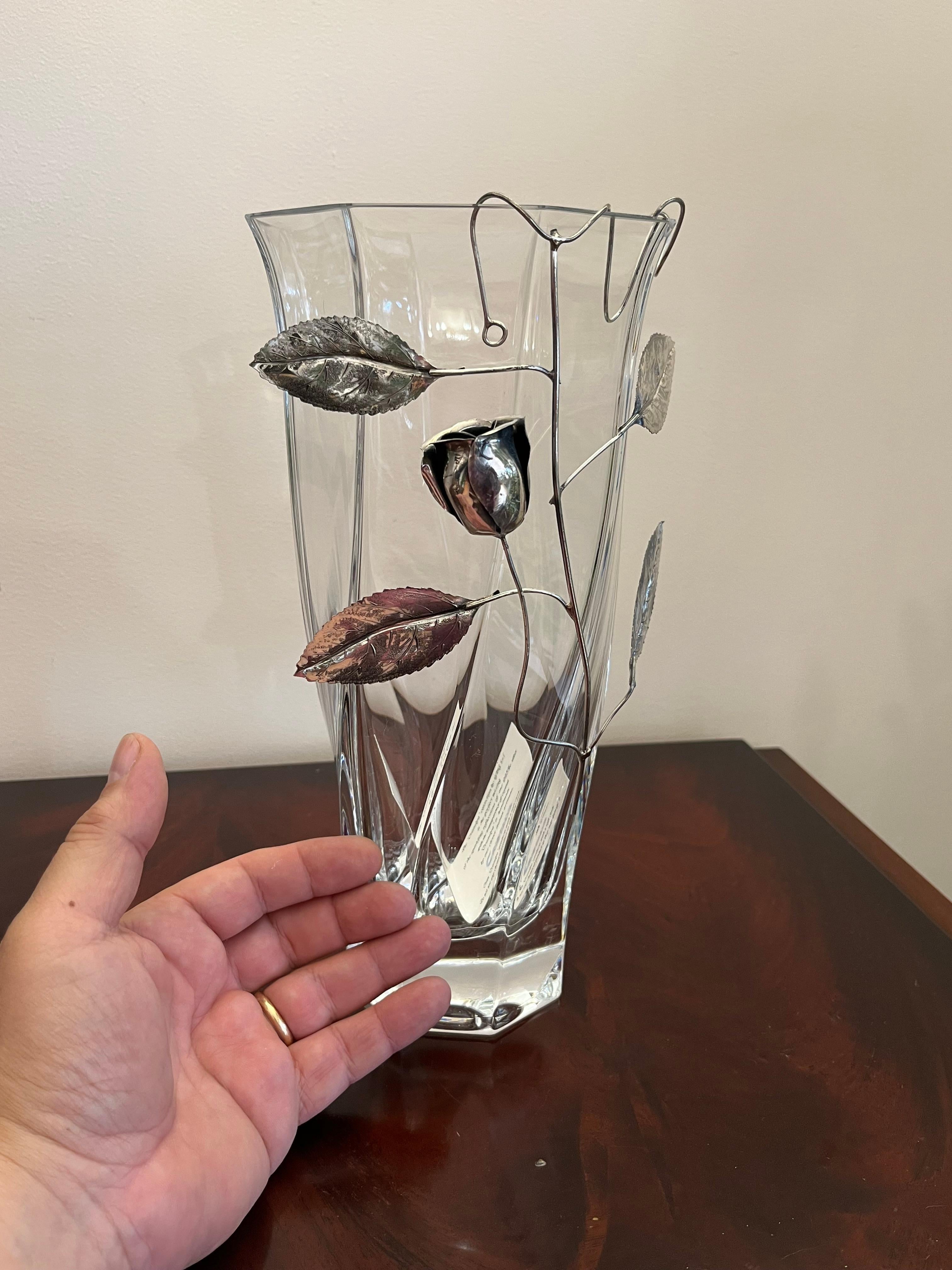 Crystal Vase with Silver Flower, made in Italy, 90s For Sale 3