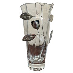 Vase en cristal avec fleur en argent, fabriqué en Italie, années 90