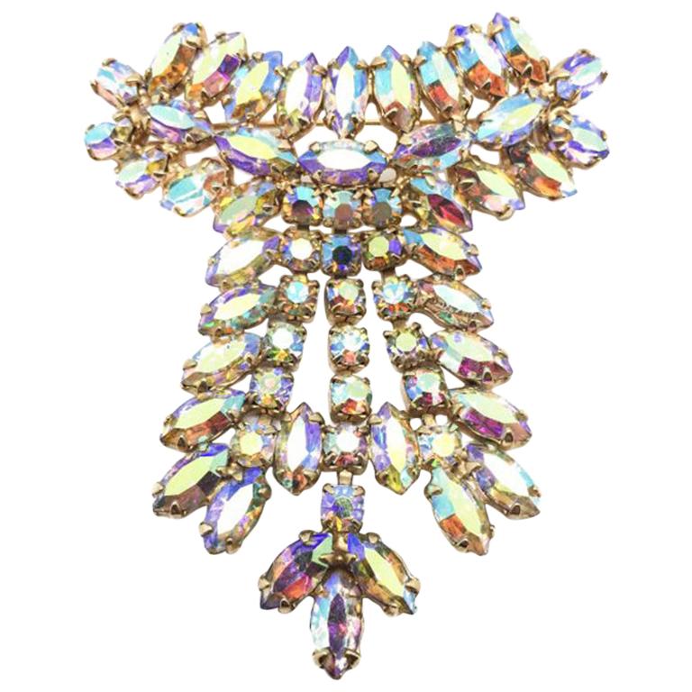 Broche Vintage Ronde Or Avec Cristaux (Citrine, Boréalis) - Brillante - Occasion Bon État