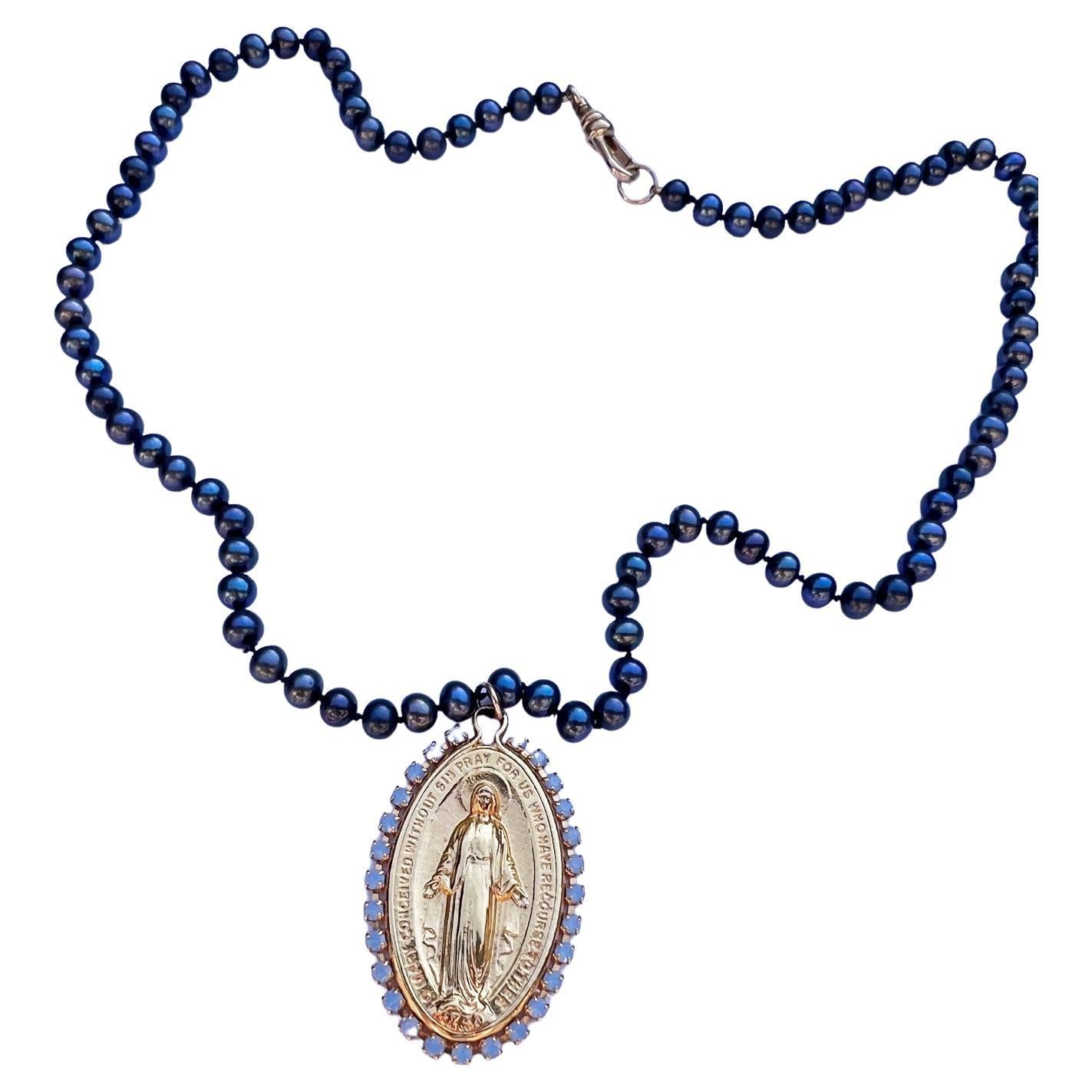 Light Blue Crystal Virgin Mary Medal Black Pearl Necklace Choker J Dauphin 16