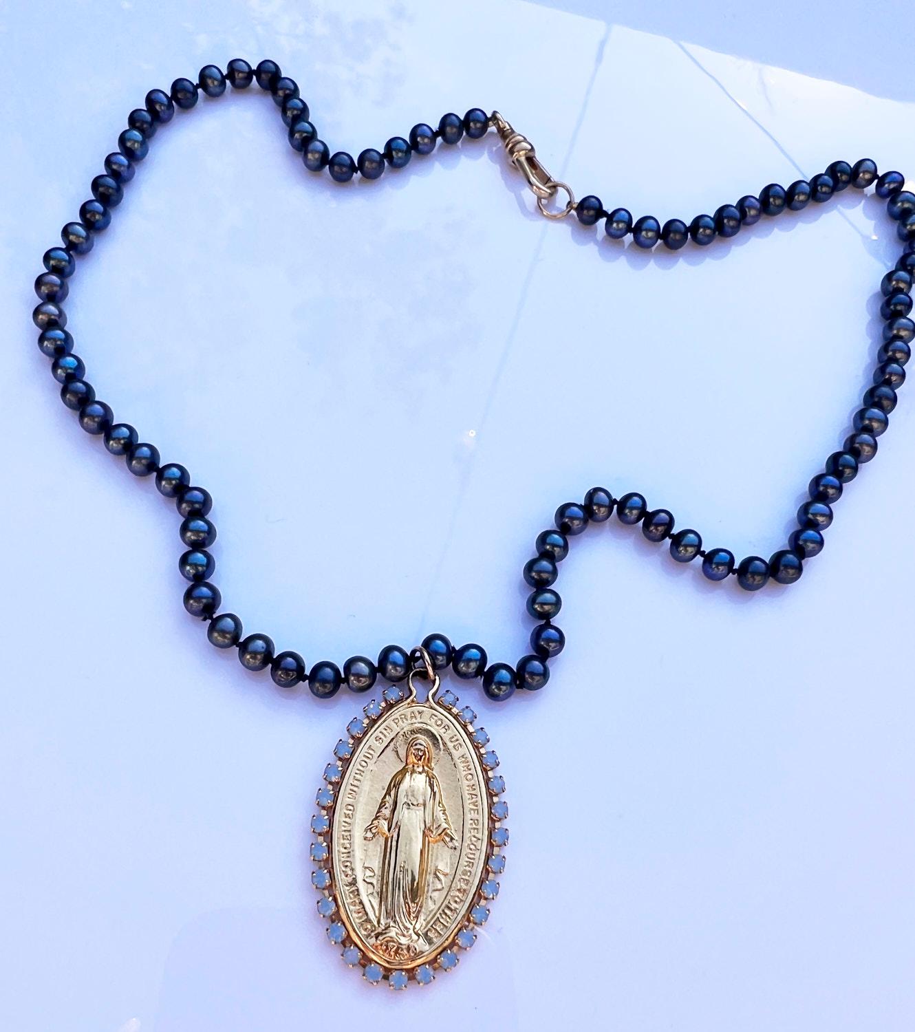 Victorian Crystal Virgin Mary Medal Black Pearl Necklace Choker J Dauphin For Sale