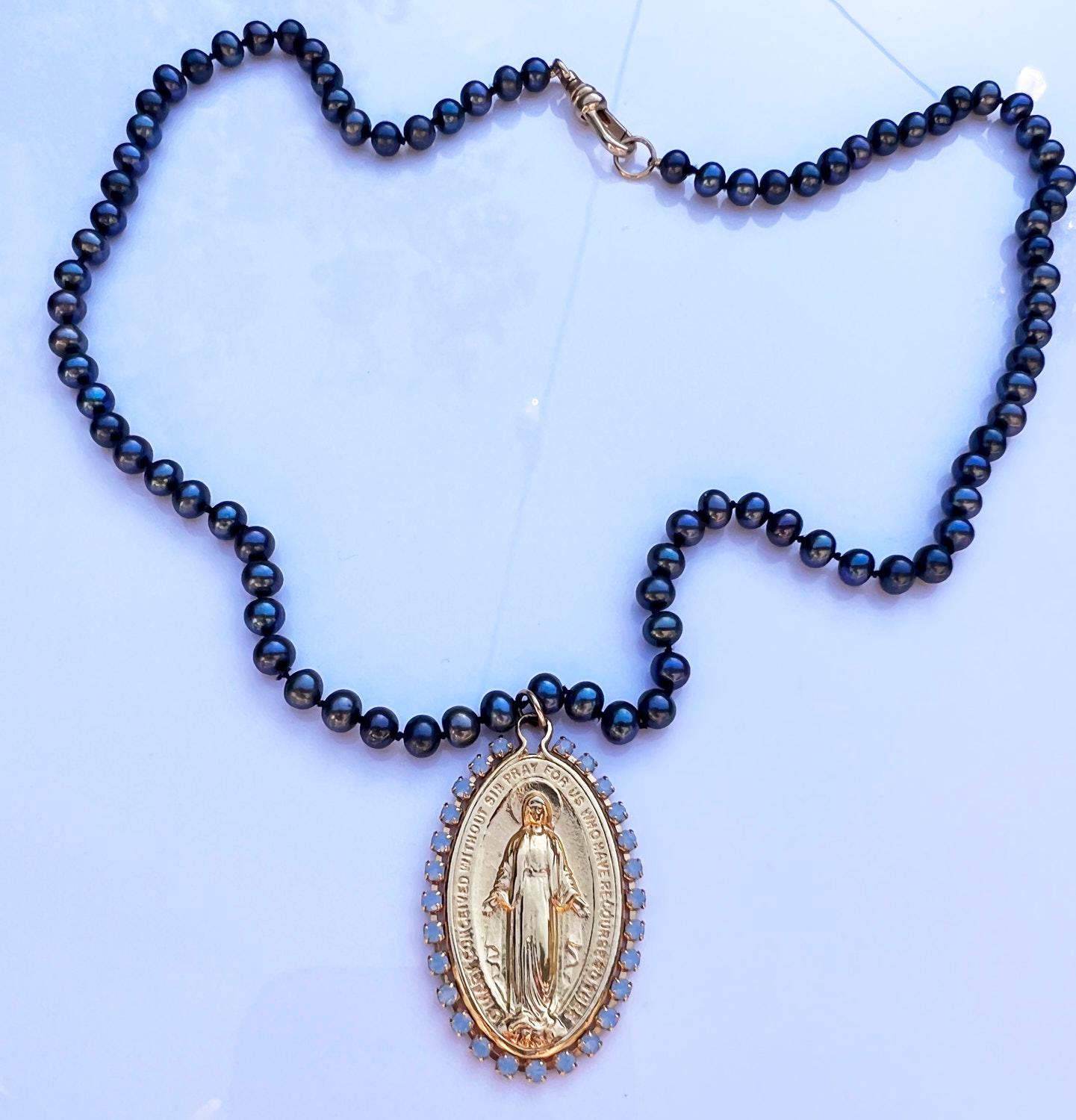 Bead Crystal Virgin Mary Medal Black Pearl Necklace Choker J Dauphin For Sale
