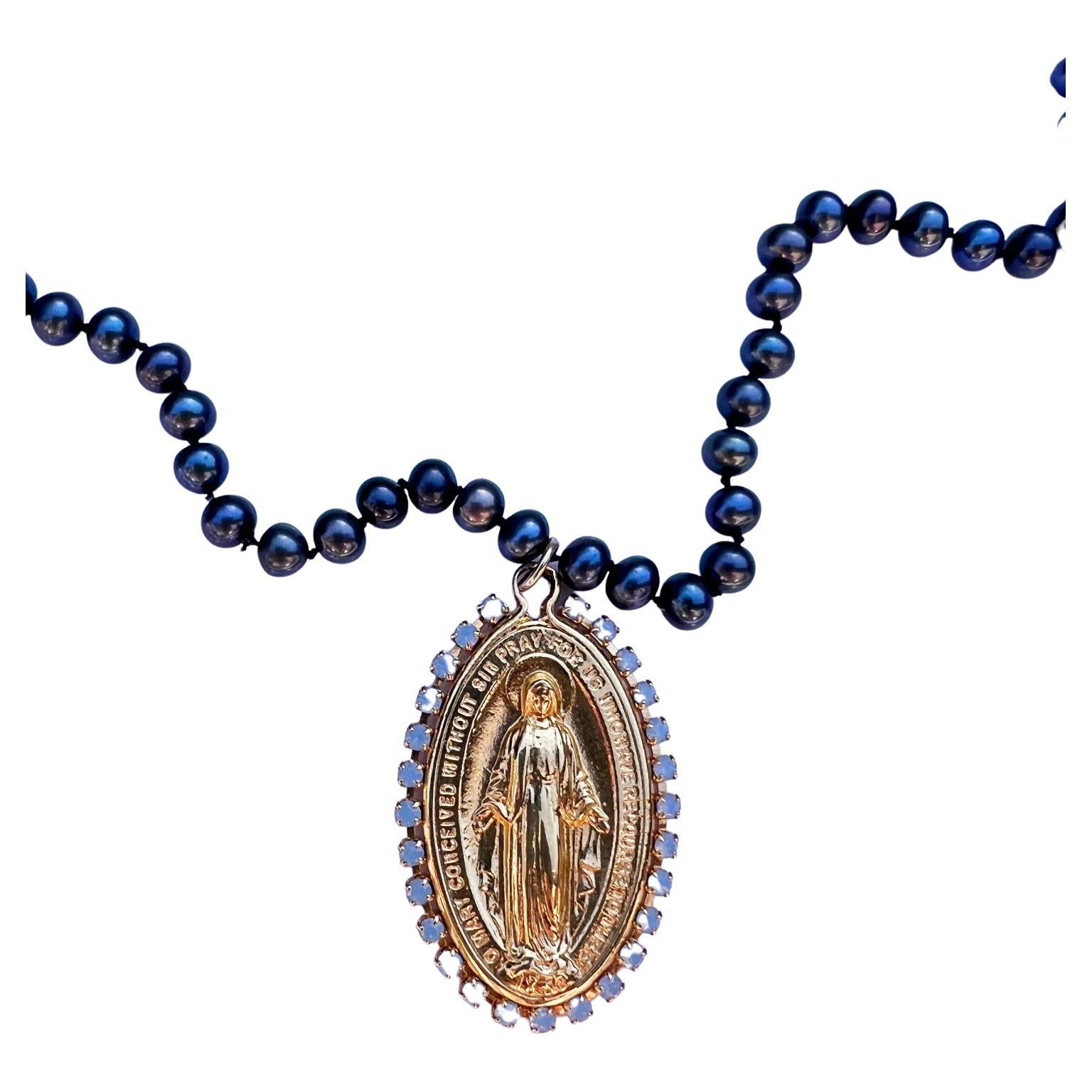 Collier ras du cou J Dauphin avec médaille de la Vierge Marie en cristal et perles noires