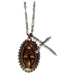 Crystal Virgin Mary with white pearl cross Necklace