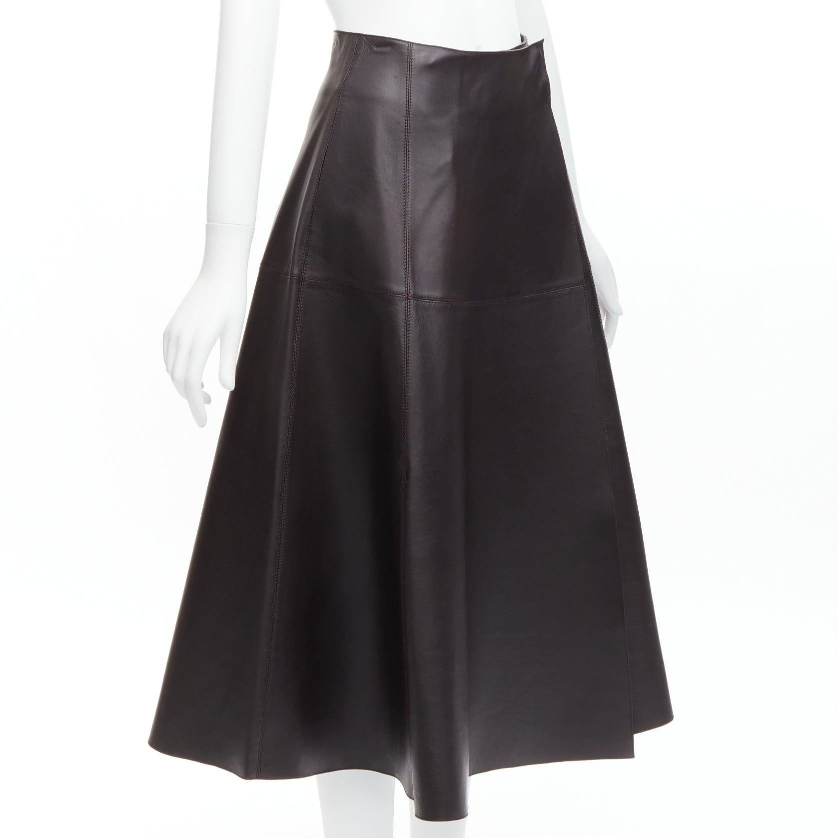 Black CRYSTAL WANG genuine lambskin leather minimal panelled A-line midi skirt FR34 XS For Sale
