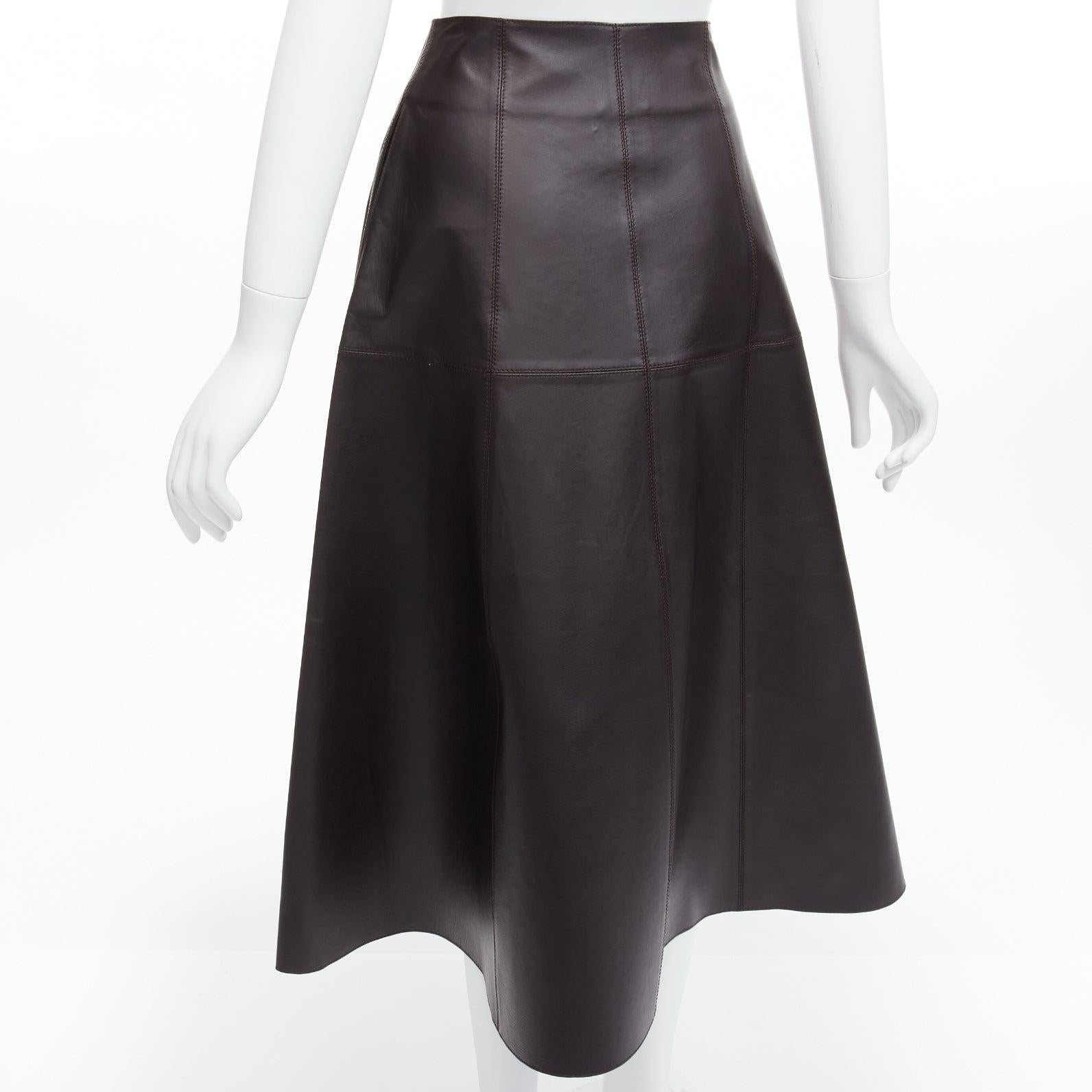 Women's CRYSTAL WANG genuine lambskin leather minimal panelled A-line midi skirt FR34 XS For Sale