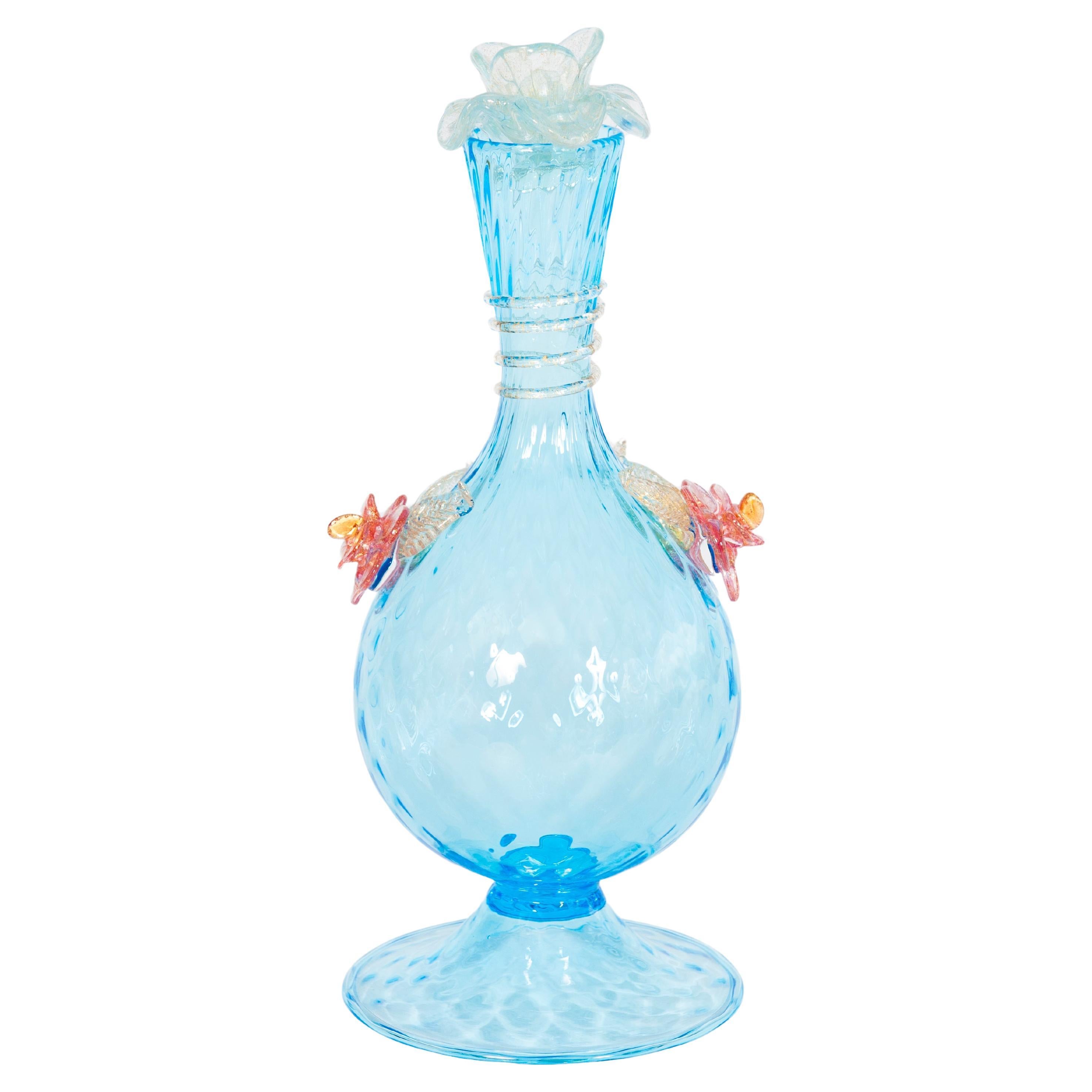 Kristallvase aus Murano Glas mit Blumen und Blattgold Venedig Italien 1970er Jahre