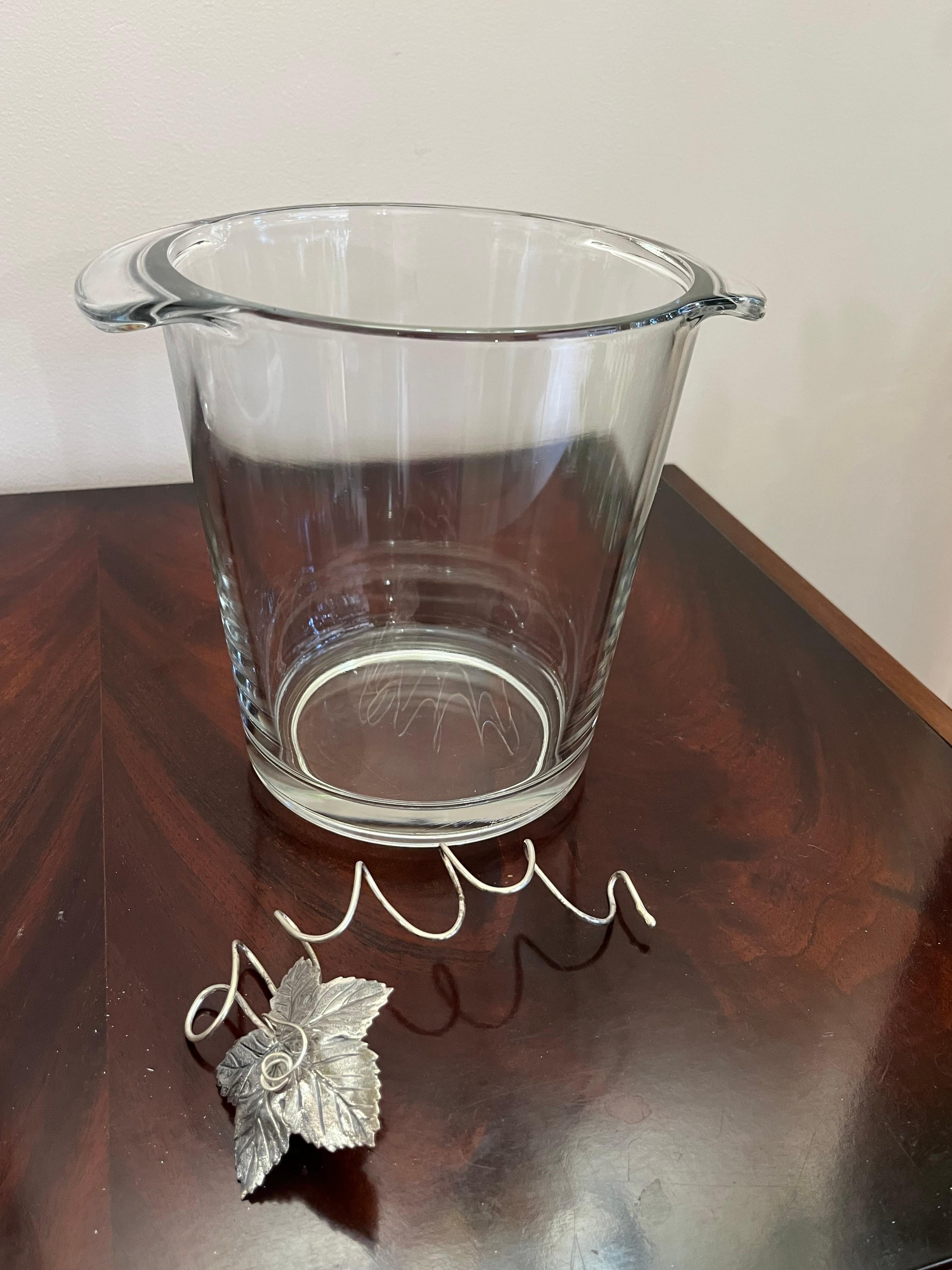 European Crystal Wine Basket with Silver Vine Leaf, made in Italy, 90s For Sale