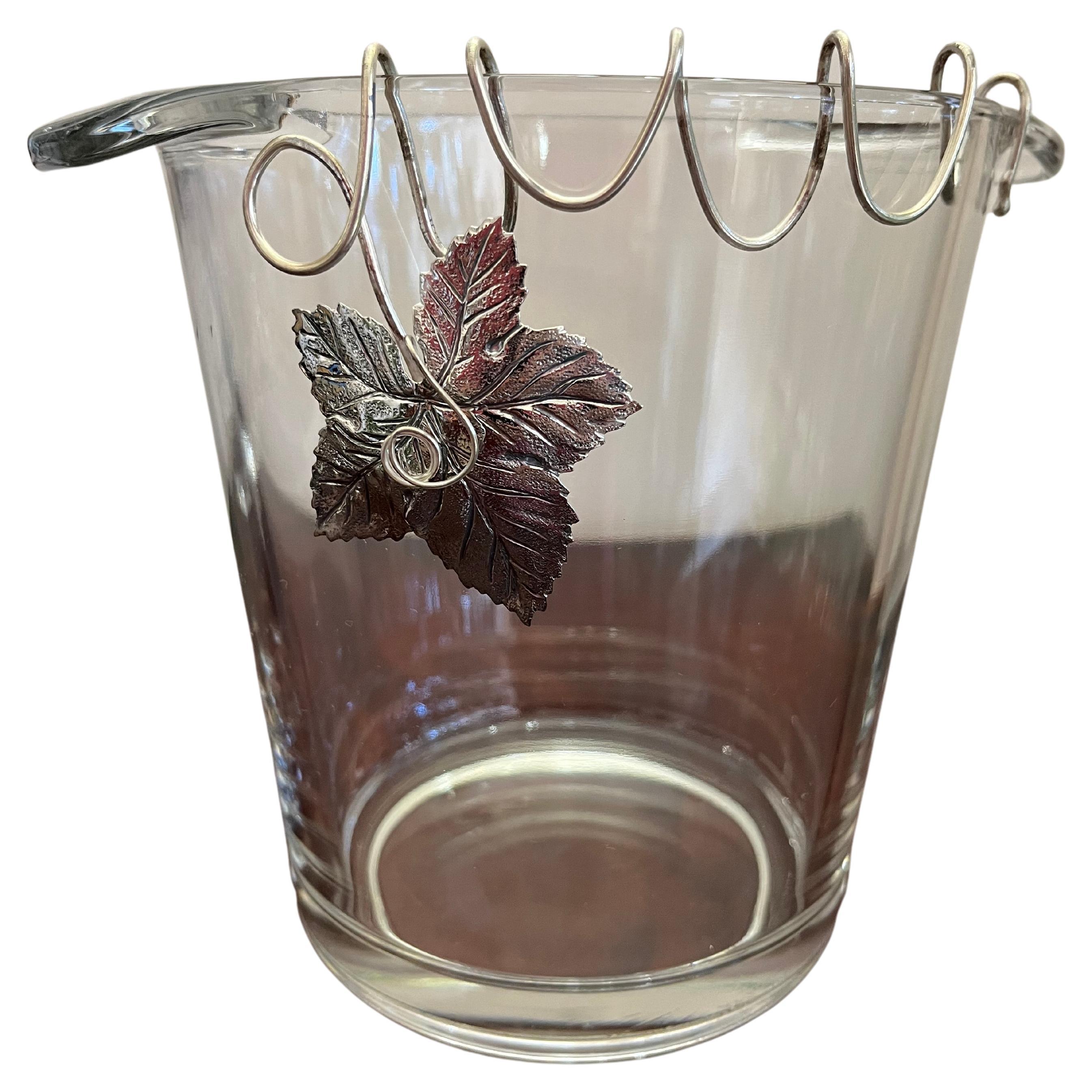 Crystal Wine Basket with Silver Vine Leaf, made in Italy, 90s For Sale