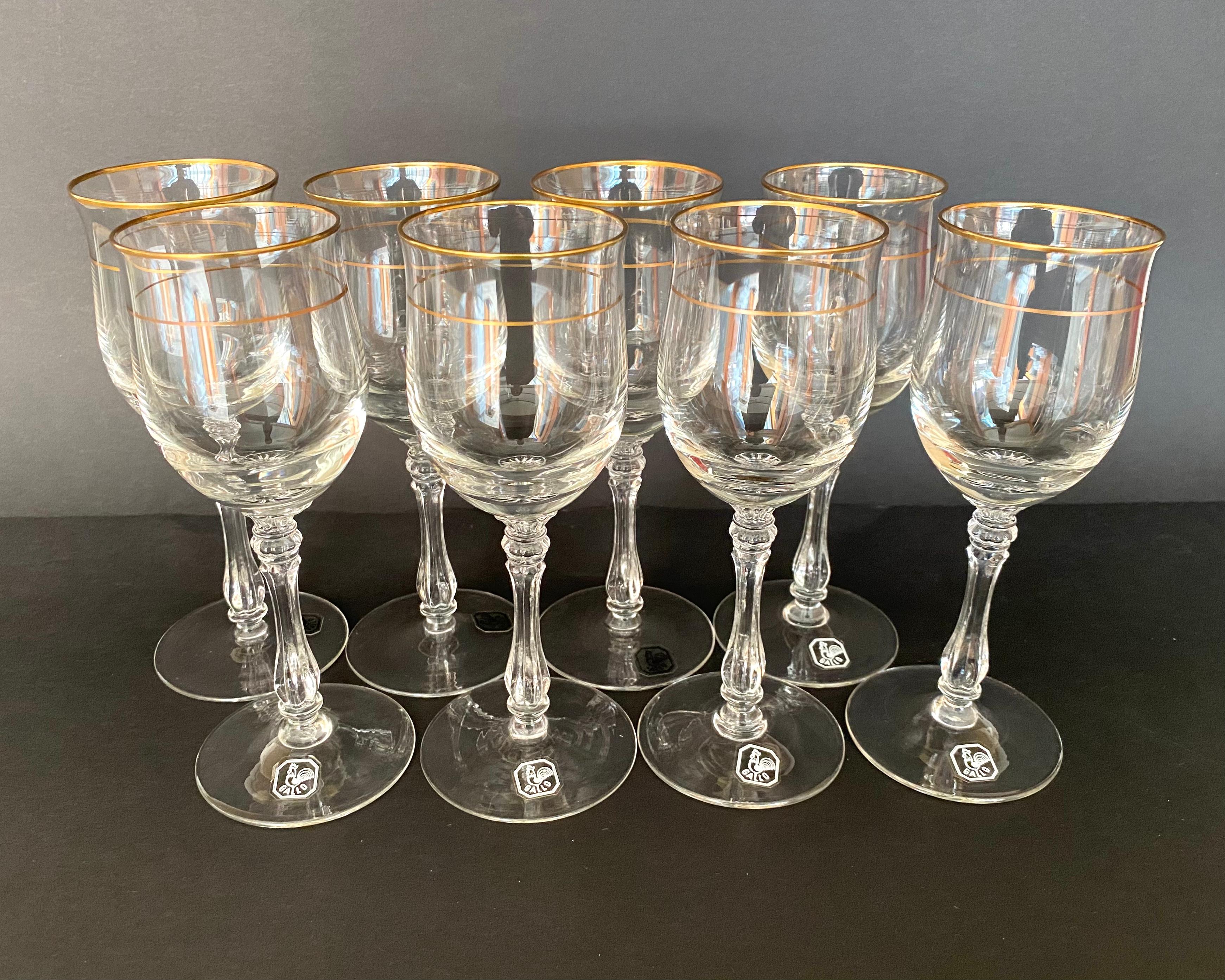 Vintage crystal wine glasses with gilt rim, set 8, produced in Germany by GALLO manufacturer, circa 1980s. 

Gallo wine glasses are famous for their unsurpassed beauty and royal splendor. 

The wine glasses are hand-cut and munge blown. Elegant
