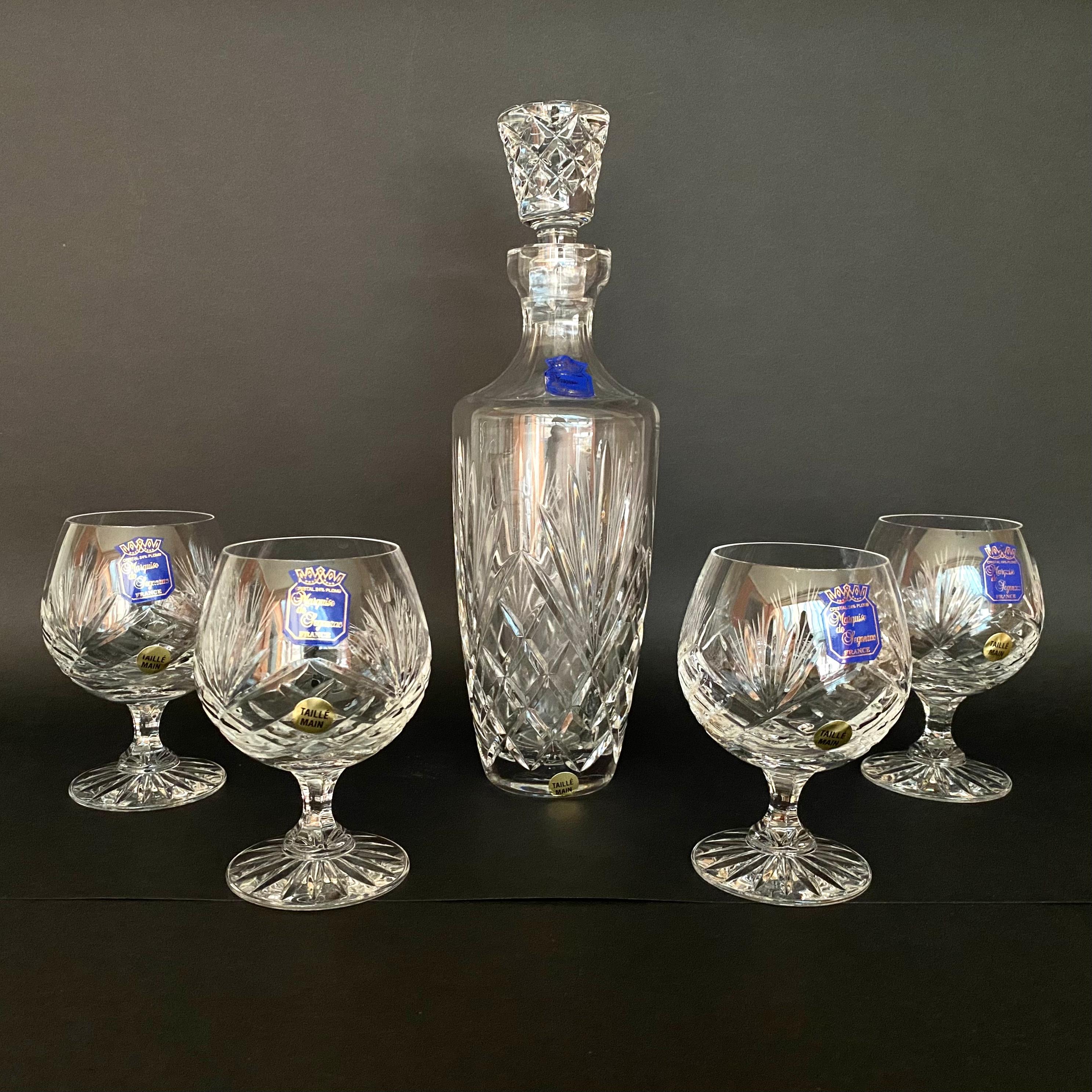 French Crystal Wine Glasses & Carafe with Stopper, Marquise De Jegonras, France, 1980 For Sale