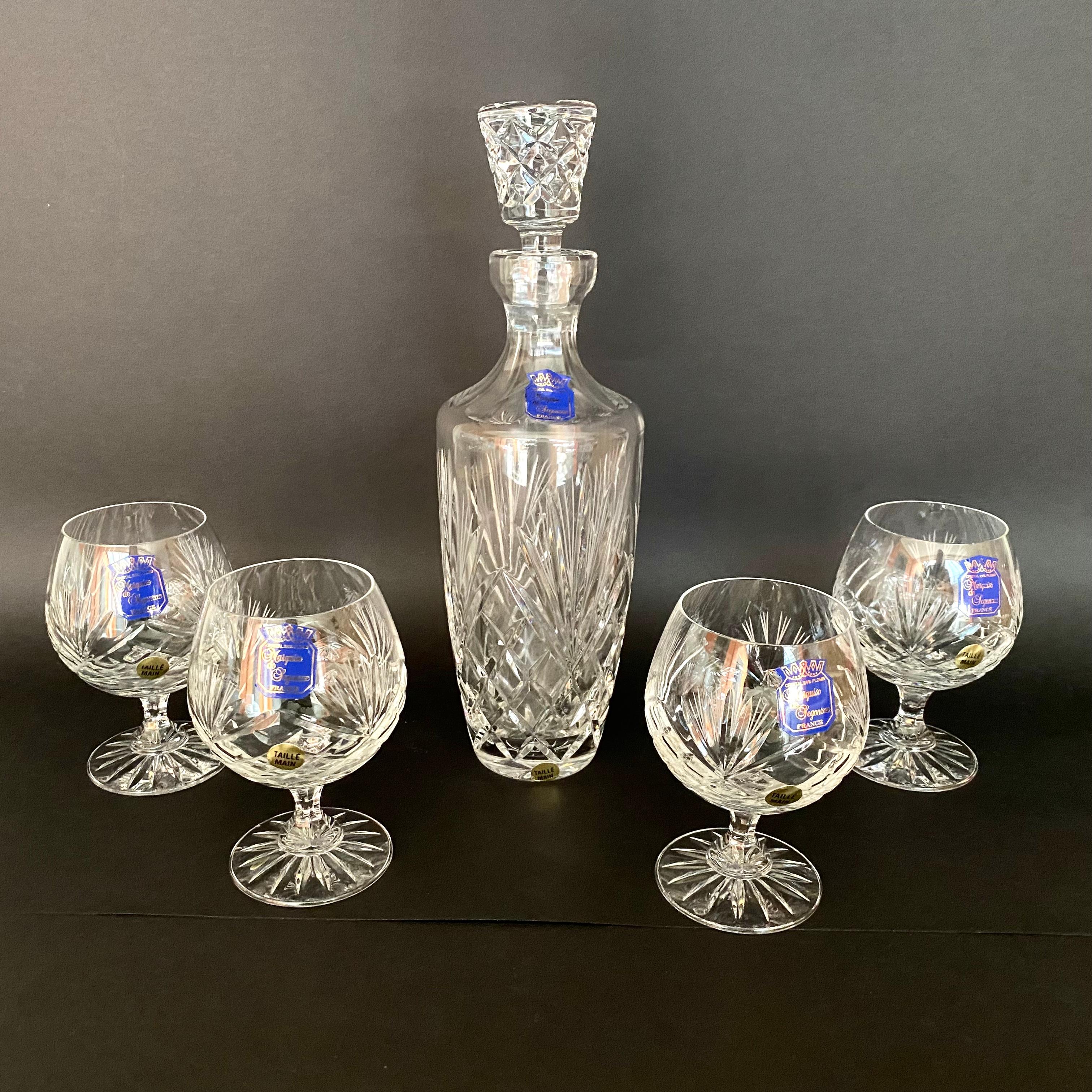Crystal Wine Glasses & Carafe with Stopper, Marquise De Jegonras, France, 1980 In Excellent Condition For Sale In Bastogne, BE