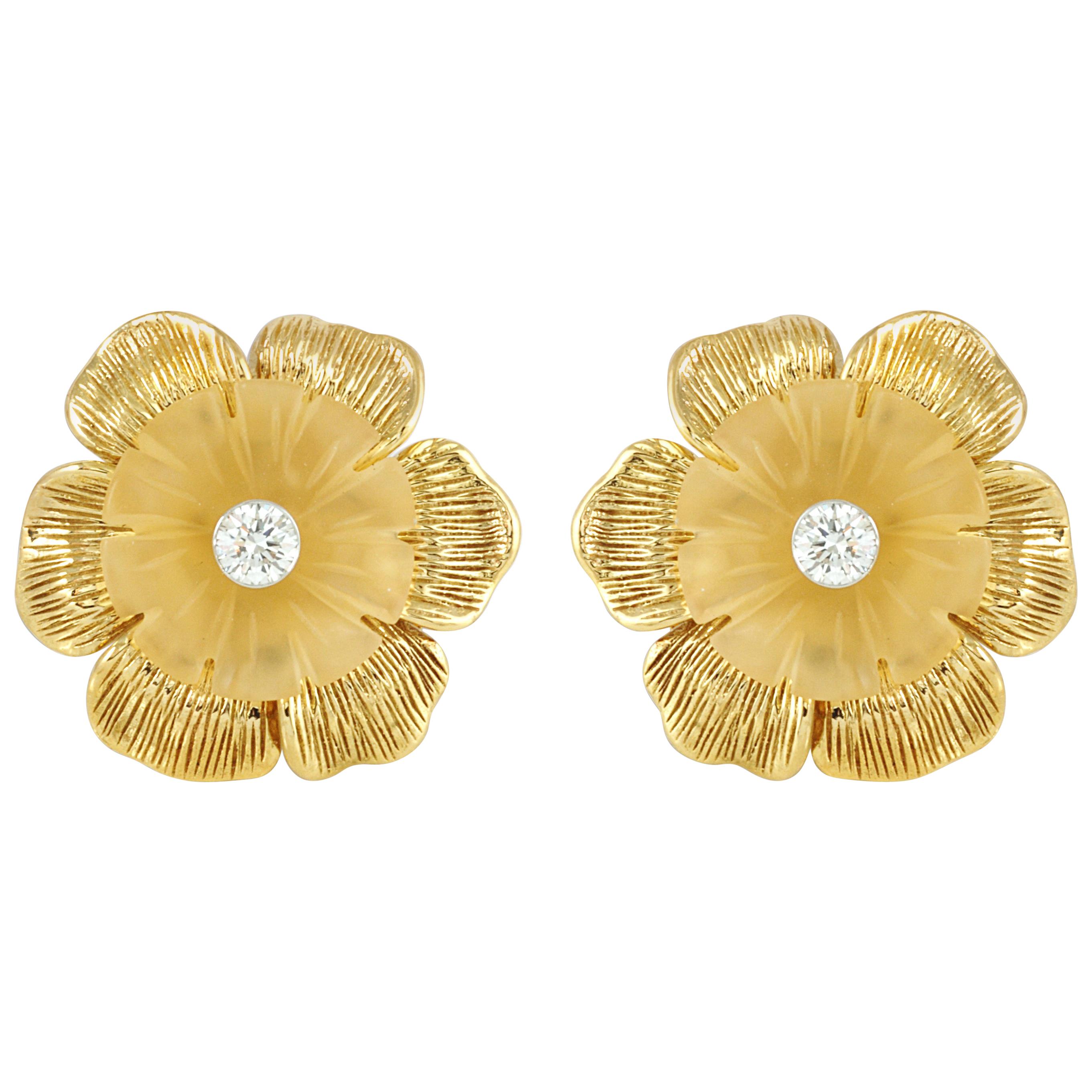 Carve Quartz with Diamond Flower Earrings Set in 18 Karat Gold Settings