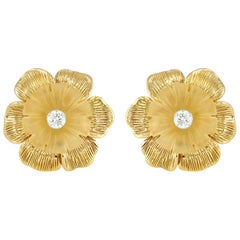 Carve Quartz with Diamond Flower Earrings Set in 18 Karat Gold Settings