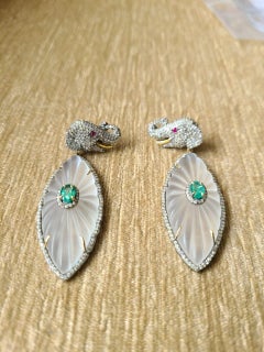 Crystal Emerald & Diamond Chandelier Victorian Earrings Set in 14K Gold & Silver