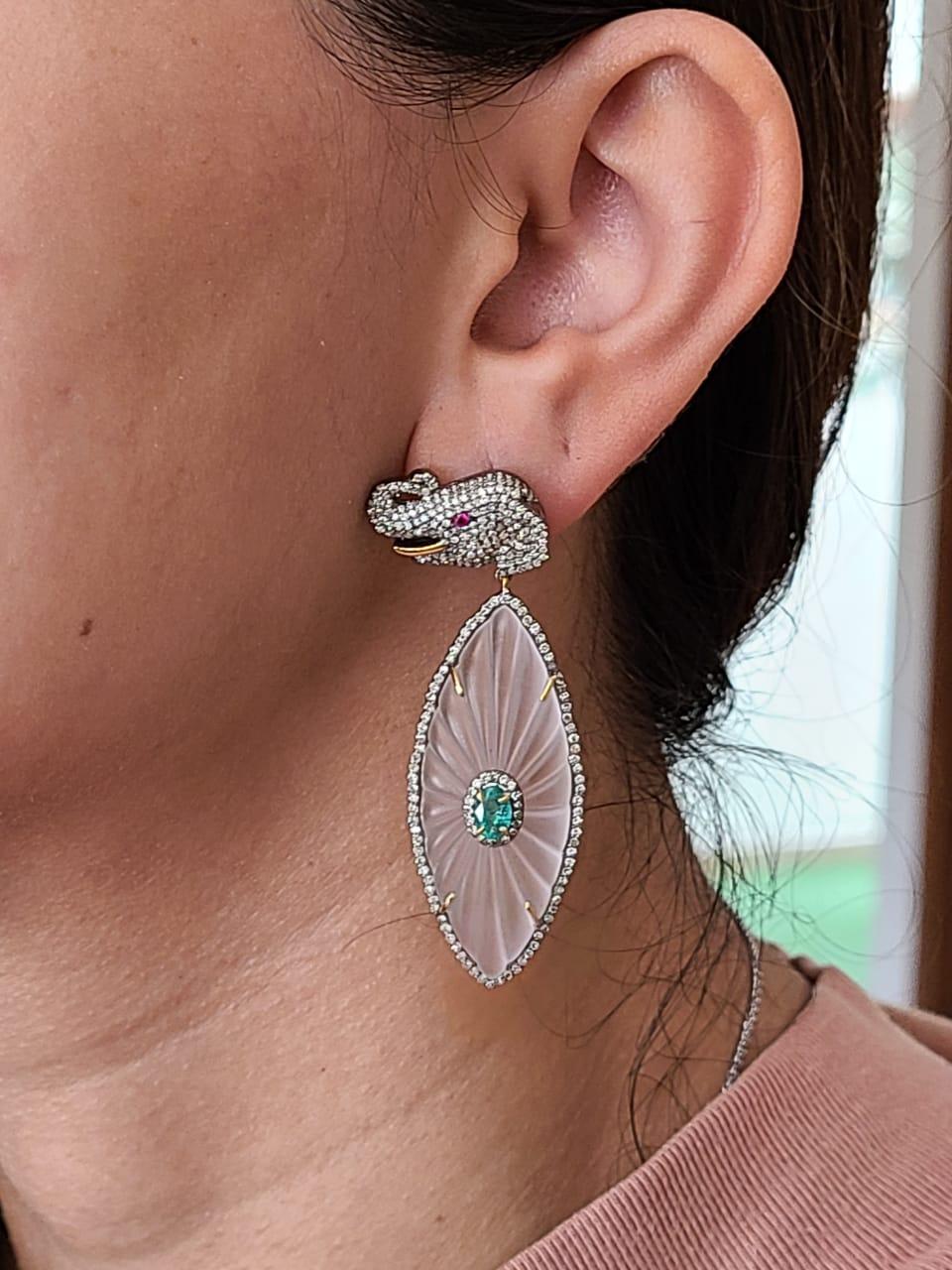 Crystal Emerald & Diamond Chandelier Victorian Earrings Set in 14K Gold & Silver For Sale 1