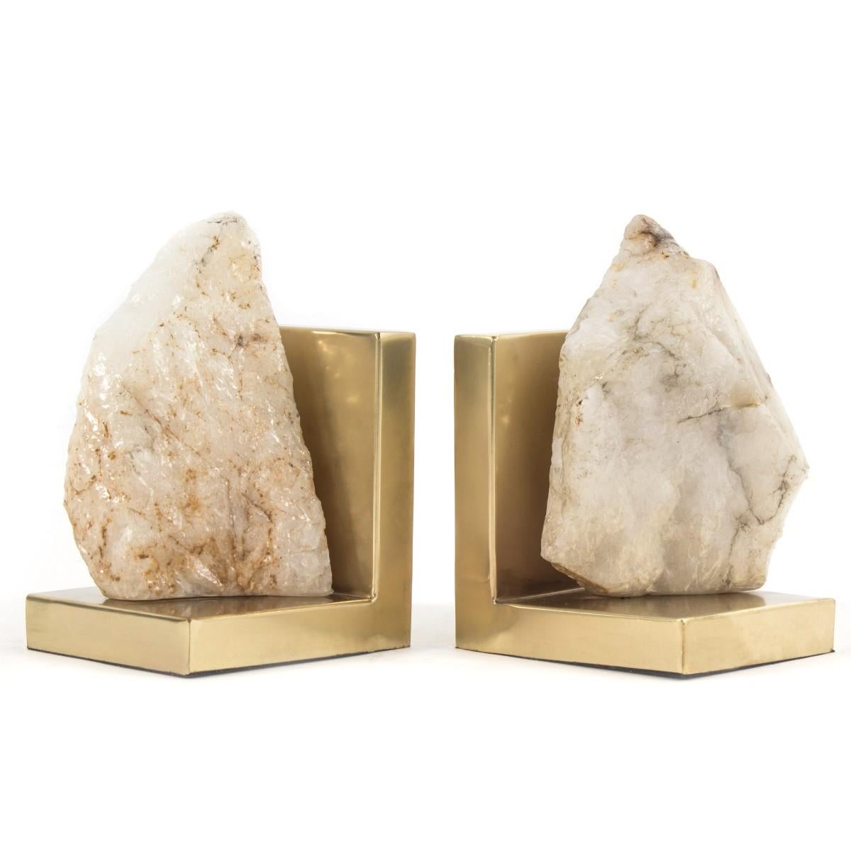 Crystaline Bookends on Brass Stands In Good Condition In New York, NY